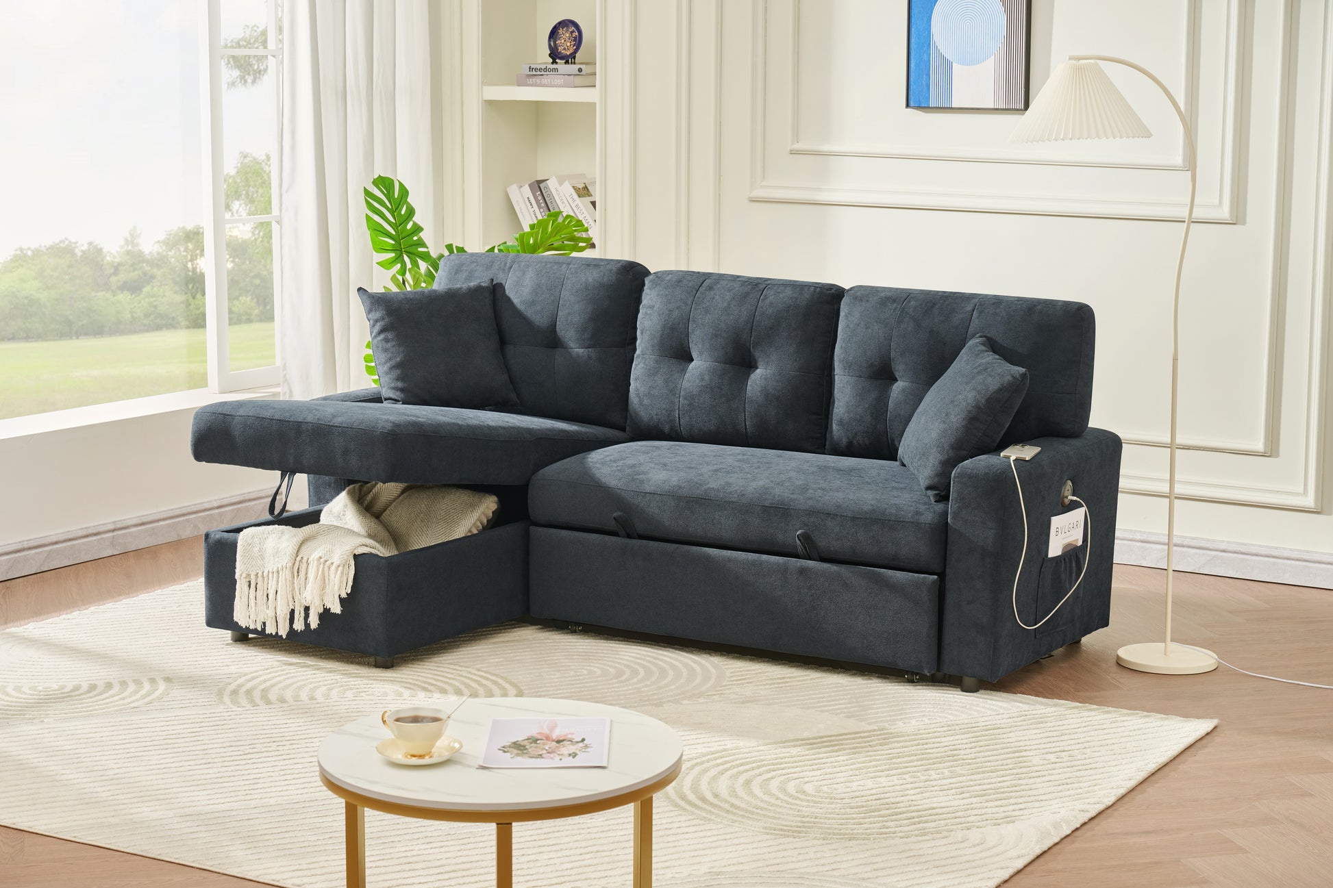 Sectional Sofa Bed L Shaped Sofa Couch Bed With Usb Port, Reversible Sofa Couch Sleeper With Pull Out Bed, Chaise With Storage, Pull Out Couch For Living Room Black Wood Fabric 3 Seat