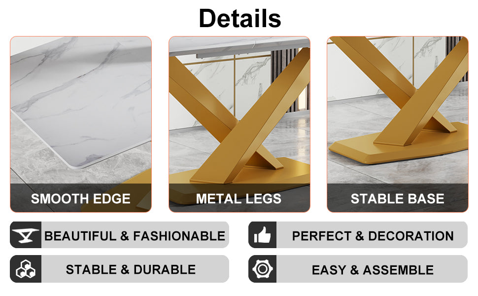 Table And Chair Set, The Table Is Equipped With A Marble Patterned Mdf Tabletop And Gold Table Legs.Dining Chairs,Gold Legged Upholstered Chairs Made Of Artificial Leather. Black Gold Seats 6 Mdf