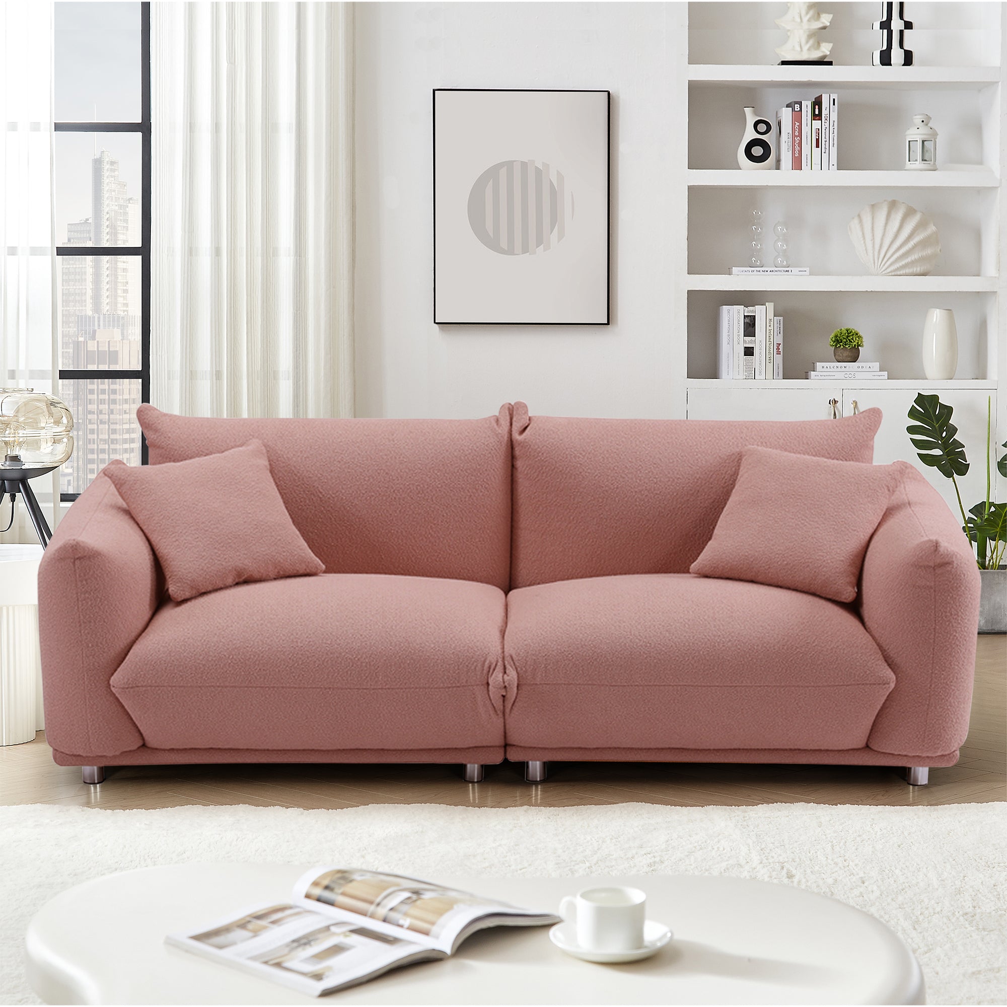 Oversized Loveseat Sofa For Living Room, Sherpa Sofa With Metal Legs, 3 Seater Sofa, Solid Wood Frame Couch With 2 Pillows, For Apartment Office Living Room Pink Pink Wood Primary Living Space Medium Soft Heavy Duty Eucalyptus Foam Fabric 2 Seat