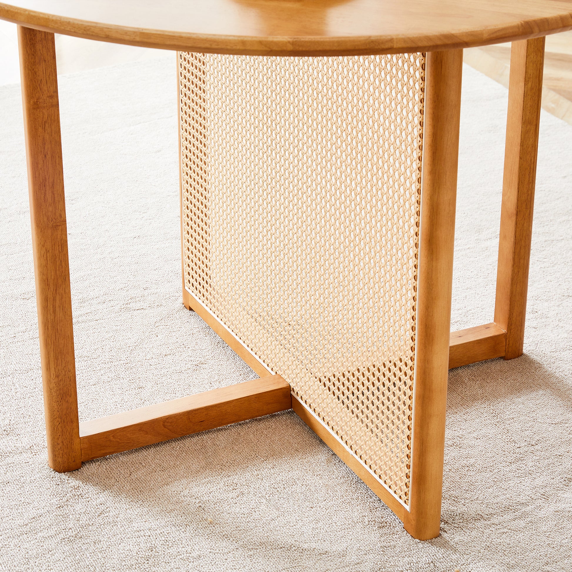 Chinese Countryside Retro Solid Wood Round Table, Simple Modern Imitation Rattan Table, Wooden Table, Desk. Suitable For Dining Room, Living Room, Office Wood Rubber Wood