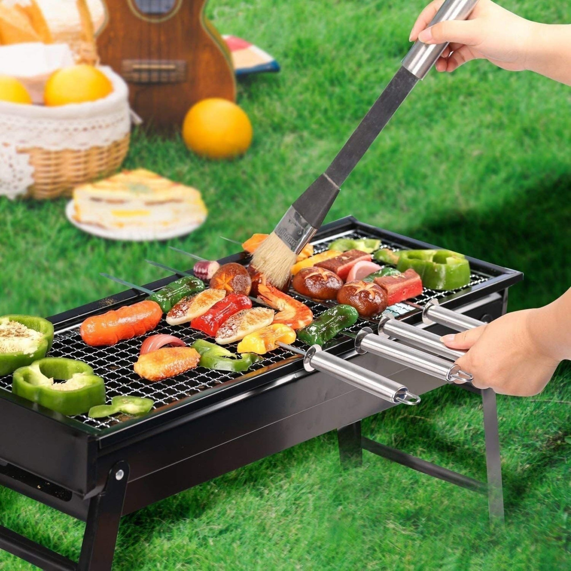 Barbecue Stove Portable Foldable Outdoor Grill Charcoal Bbq Grill Patio Camping Picnic Burner Portable Household Black Metal