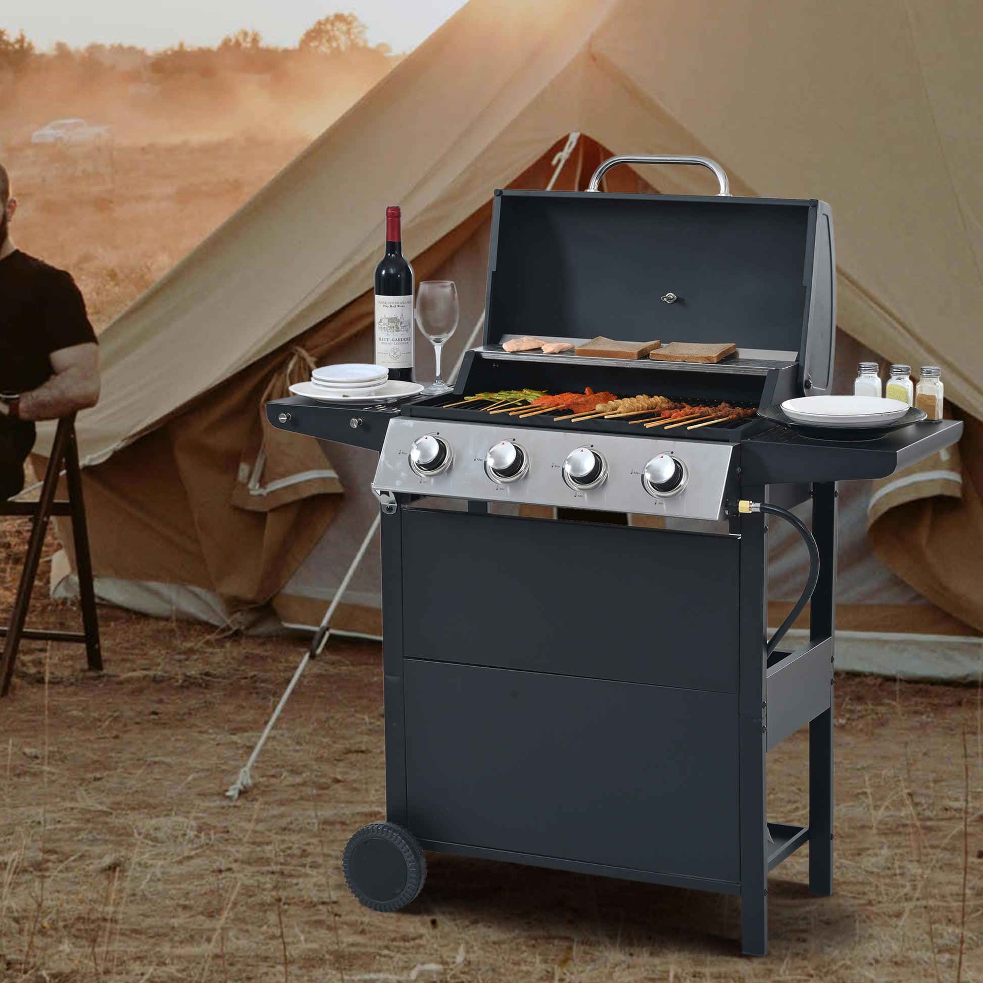 Propane Gas Grill 4 Burner Barbecue Grill, Stainless Steel 34,000 Btu Patio Garden Barbecue Grill With Two Shelves, Lid, Wheels And Bottle Opener Black Iron