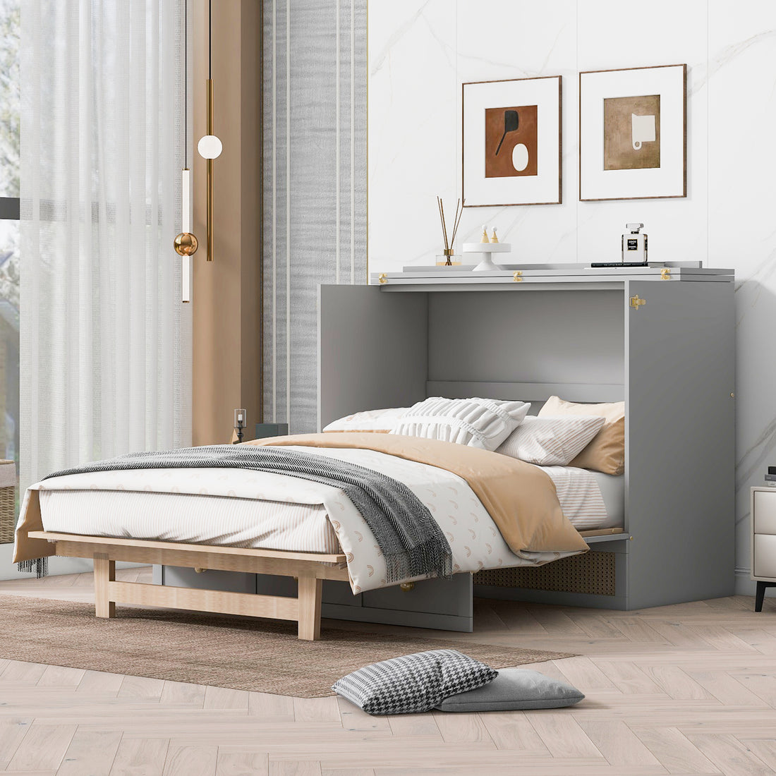 Queen Murphy Bed With Large Drawers,Gray Queen Gray Plywood