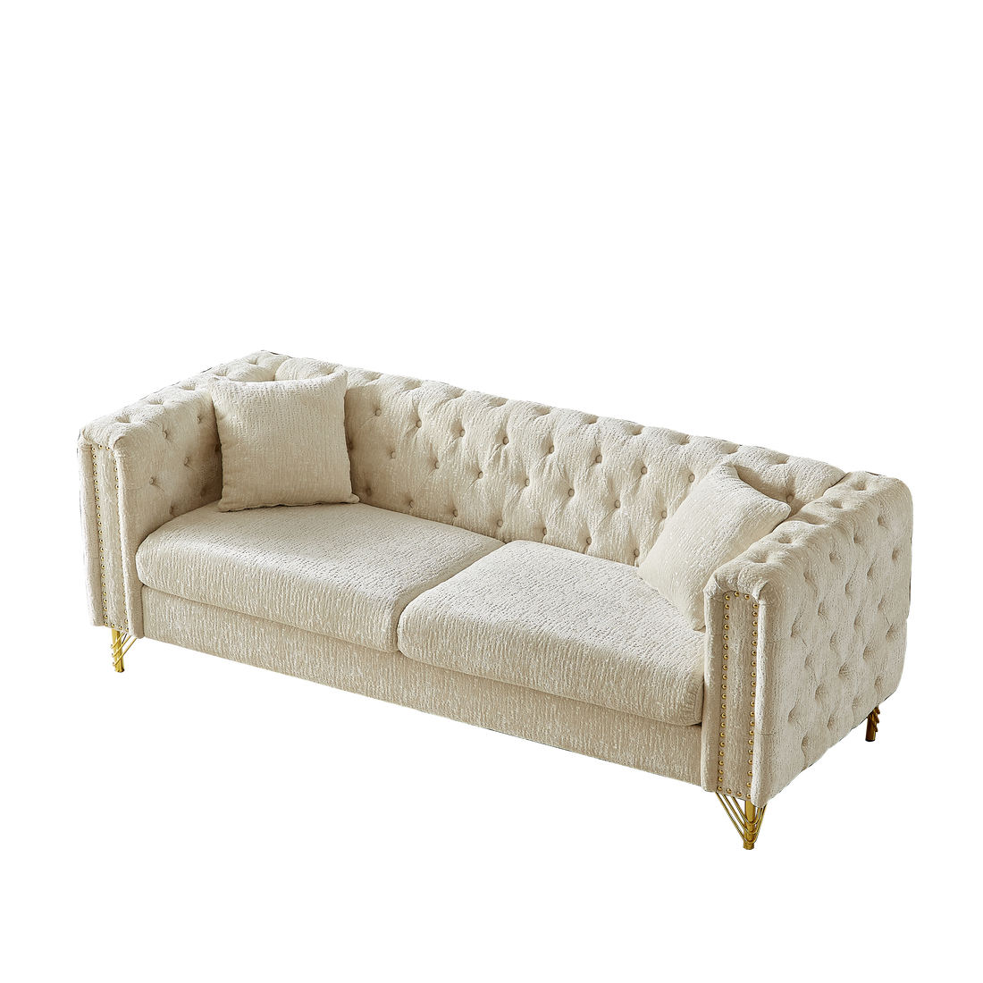 82 Inch Chenille Pull Buckle Design Sofa For Living Room,Buttons Tufted With Copper Nail Decoration Armrest, Modern Couch Upholstered Button And Metal Legs Beige Foam Chenille 3 Seat