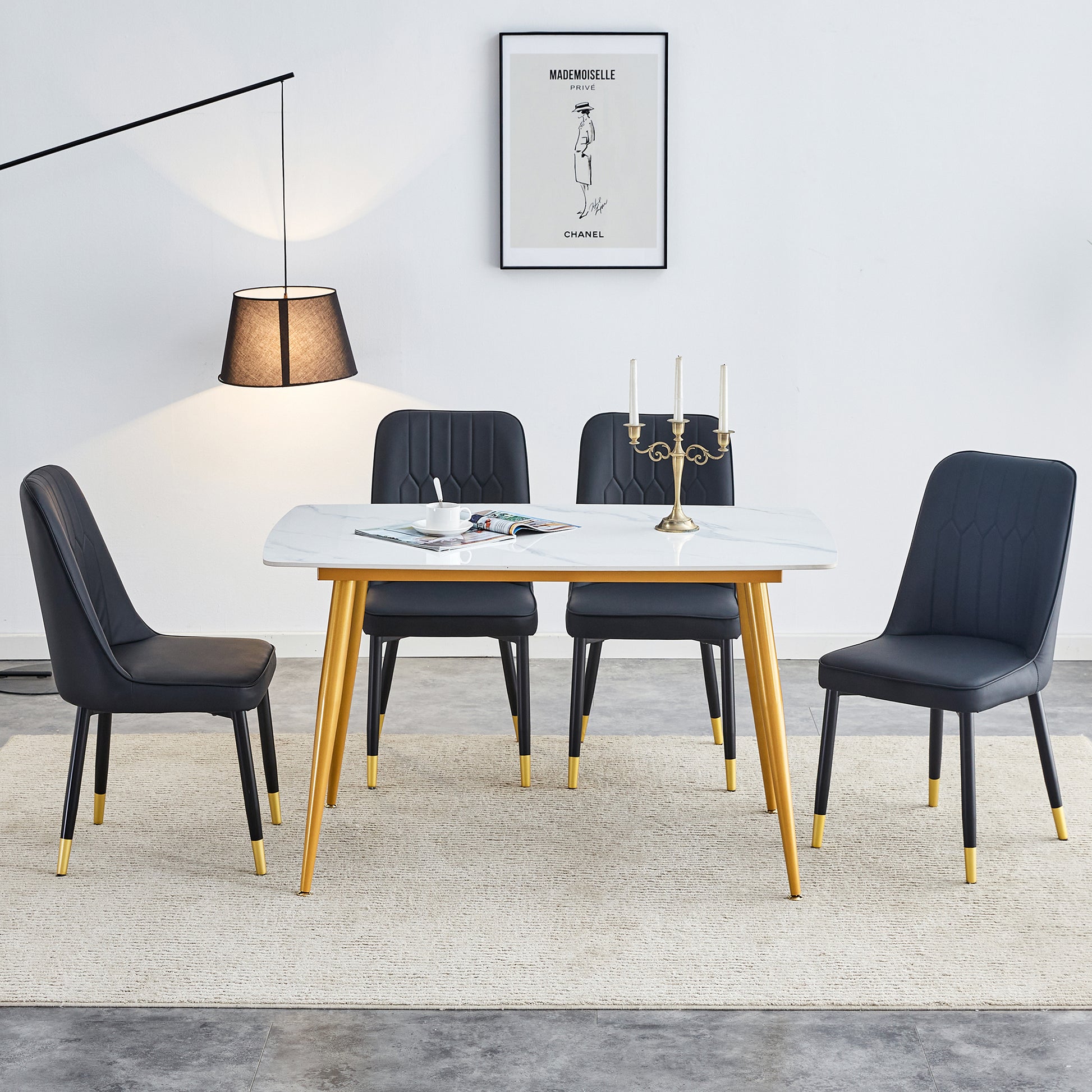 Table And Chair Set.A Morden Table With White Imitation Marble Patterned Stone Burning Tabletop With Golden Metal Legs.Paried With 4 Chairs With Pu Leather Backrest And Black Metal Legs. Black,White Gold Seats 4 Metal,Sintered Stone