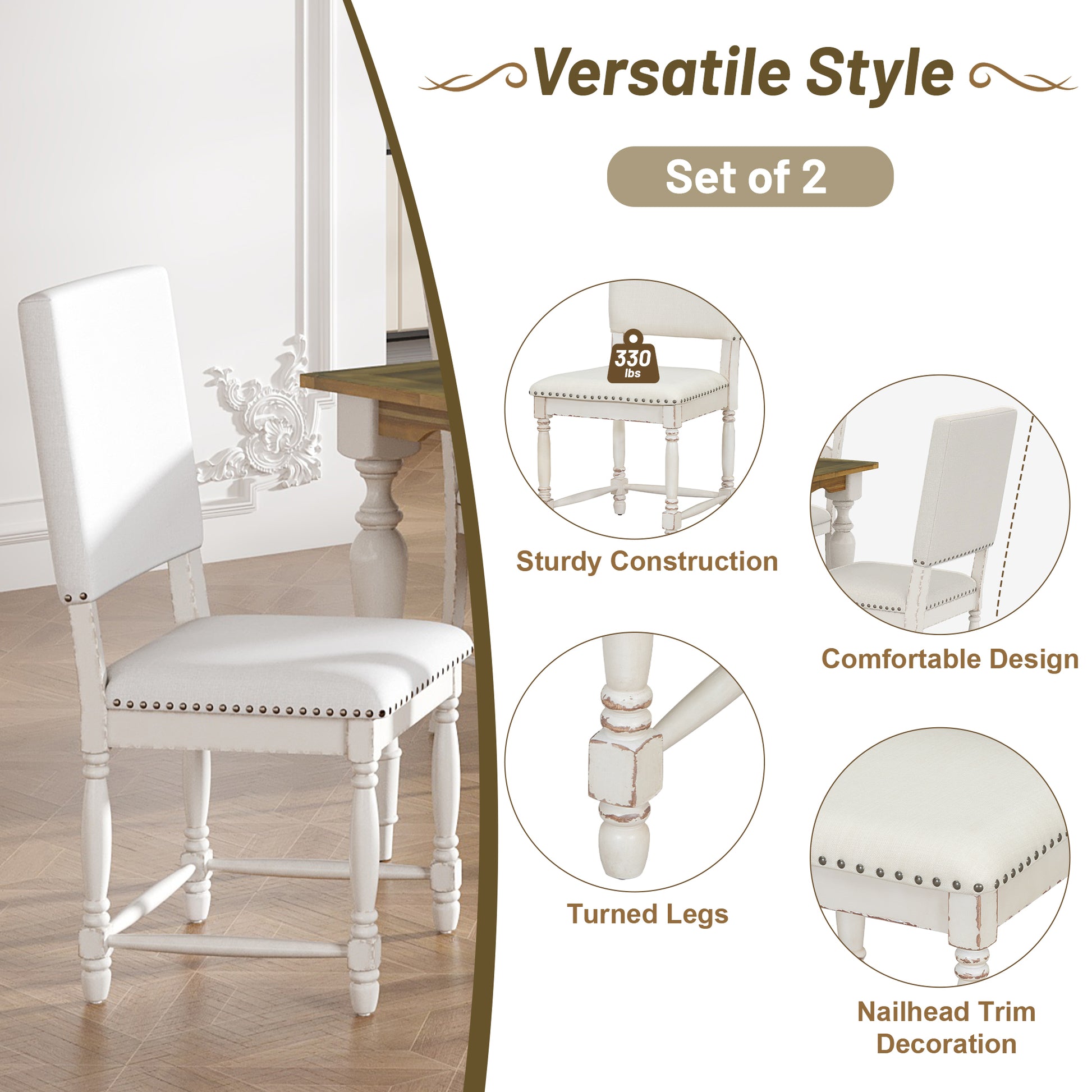 Vintage Traditional 7 Piece 82.7Inch Extendable Dining Table Set With 23.6Inch Removable Leaf, 4 Serrated Back Chairs And 2 Upholstered Back Dining Chairs For 6, Cream Brown Wood Dining Room Distressed Finish Rubberwood Rectangular Dining Table With