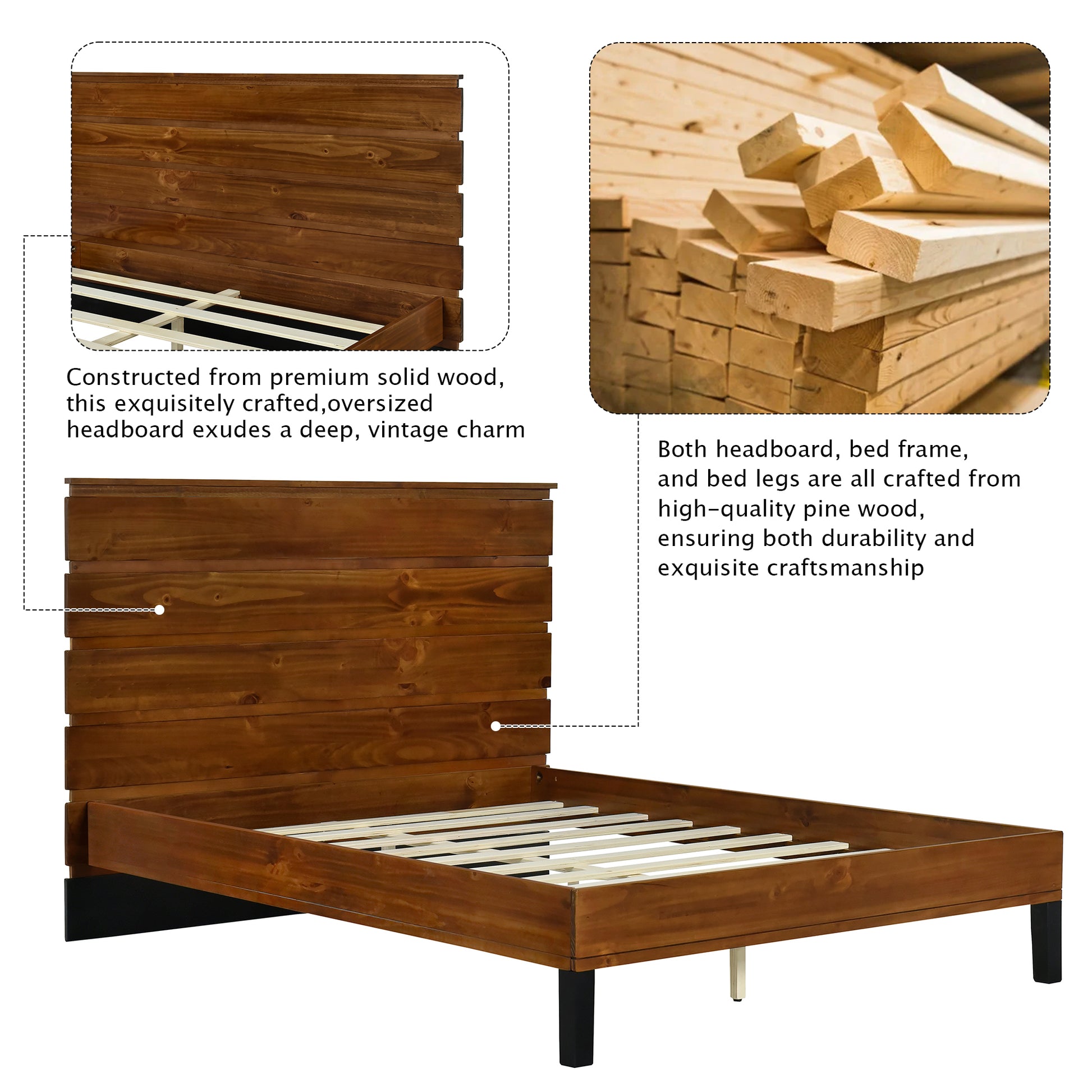 Mid Century Modern Solid Wood Bed Frame King Size Platform Bed With Six Piece Headboard Design, No Box Spring Needed, Brown King Brown Pine