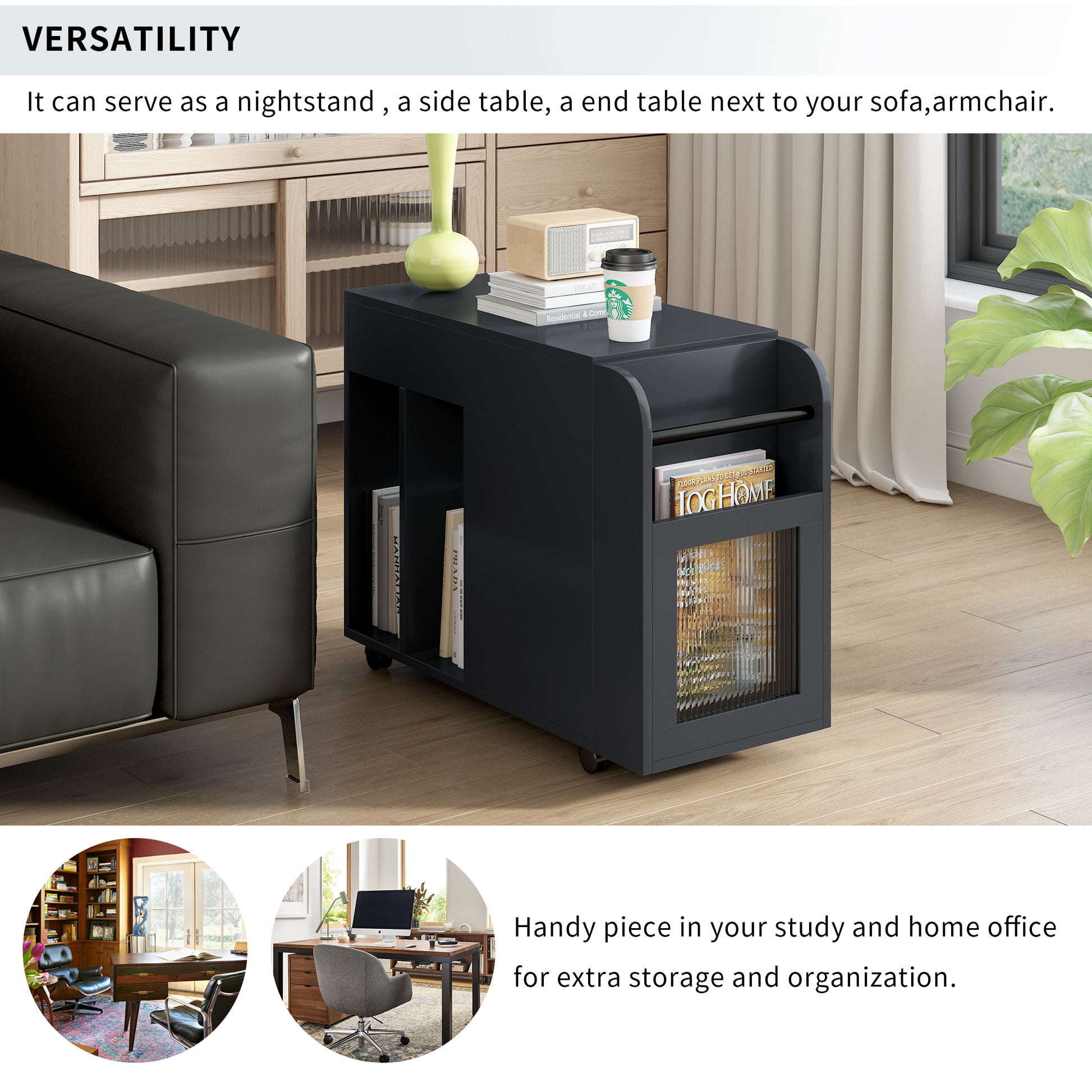 Multifunctional Extendable End Table With Wheels, Side Table With Tempered Glass Door, 2 Storage Shelves, 2 Drawers For Living Room, Black Black Mdf
