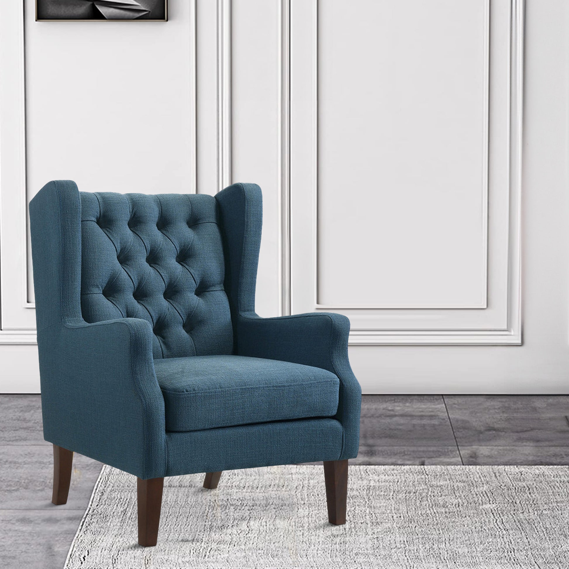 Keva 31 Inch Accent Chair, Deep Button Tufted Wingback, Smooth Blue Fabric Black Blue Wood Fabric