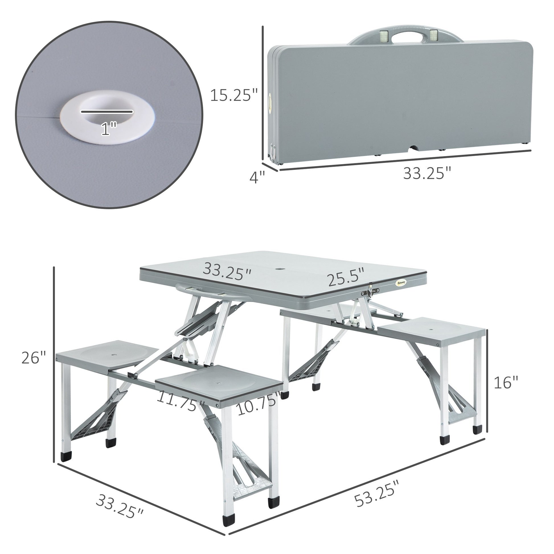 Outsunny Folding Picnic Table With Seats And Umbrella Hole, Portable Camping Chairs Set, 4 Seat, Aluminum Frame, Gray Grey Aluminum