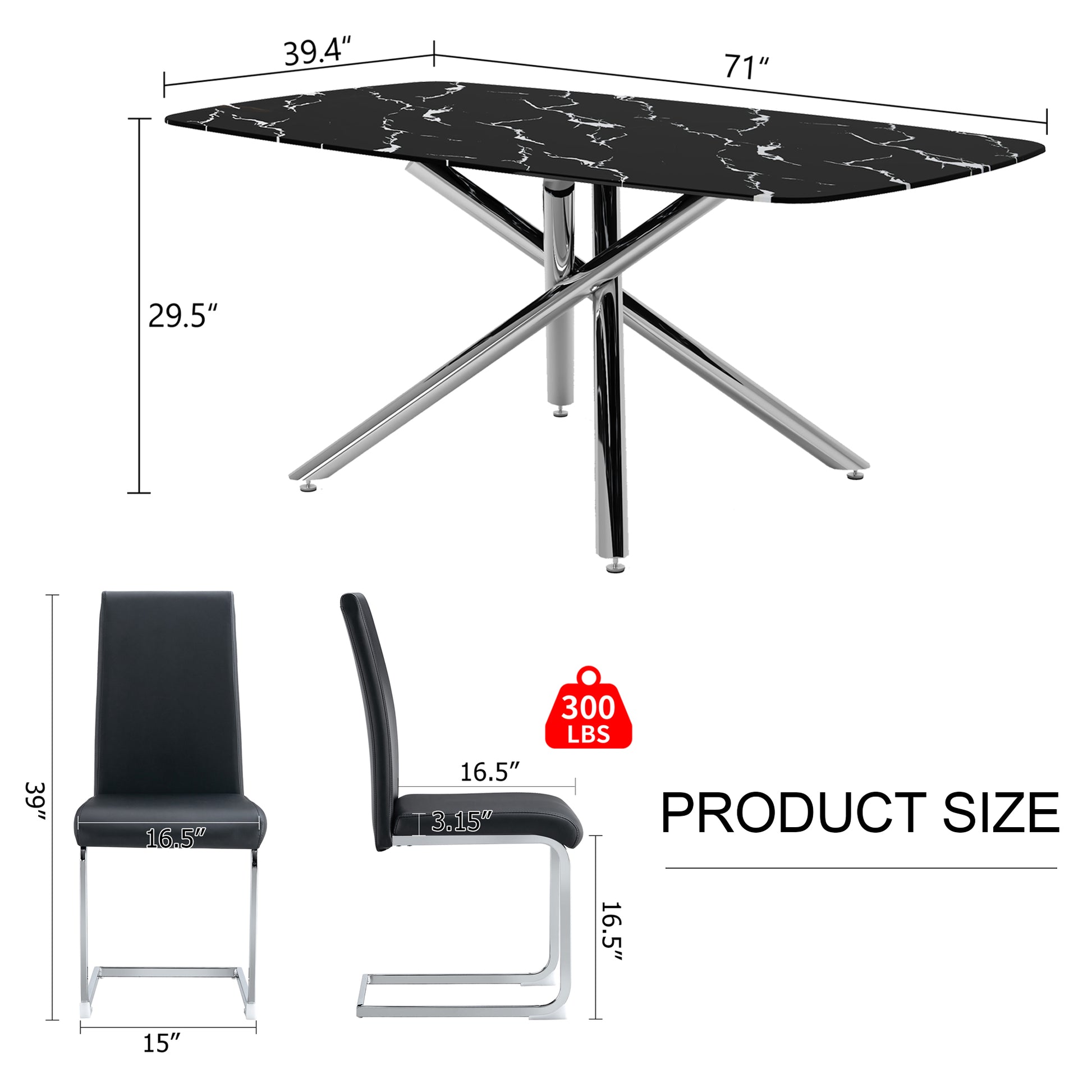 Table And Chair Set, Large Modern Minimalist Rectangular Dining Table, 0.39 Inch Black Imitation Marble Tabletop And Silver Metal Legs, Soft Leather Seats. F 1537 Silver Glass Metal