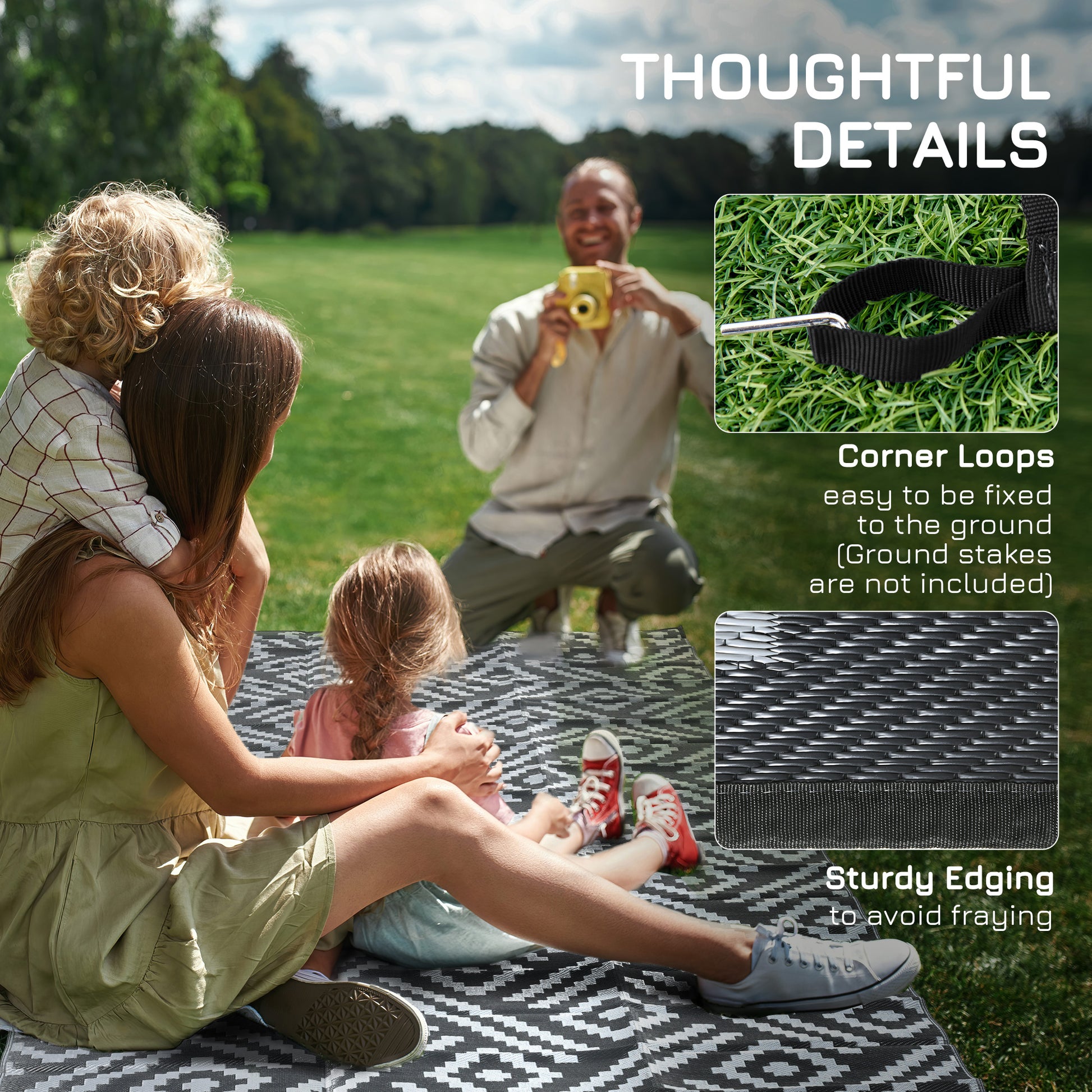 Outsunny Reversible Outdoor Rug, 8' X 10' Waterproof Plastic Straw Floor Mat, Portable Rv Camping Carpet With Carry Bag, Large Floor Mat For Backyard, Deck, Picnic, Beach, Black & Gray Geometric Multicolor Polypropylene