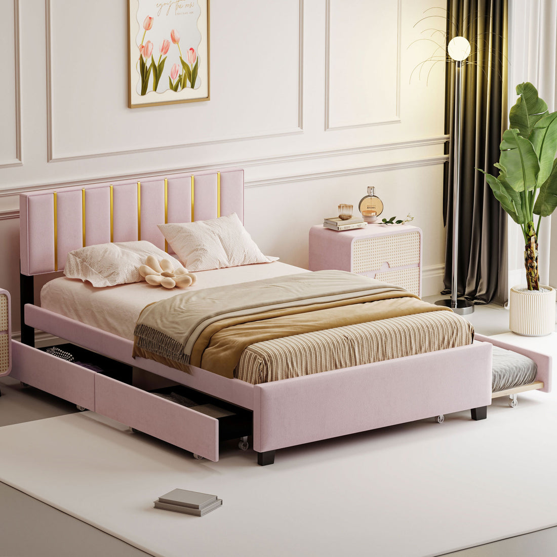 Queen Size Upholstered Platform Bed With 2 Drawers And 1 Trundle, Classic Metal Strip Headboard Design, Pink Queen Pink Mdf Lvl