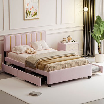 Queen Size Upholstered Platform Bed With 2 Drawers And 1 Trundle, Classic Metal Strip Headboard Design, Pink Queen Pink Mdf Lvl