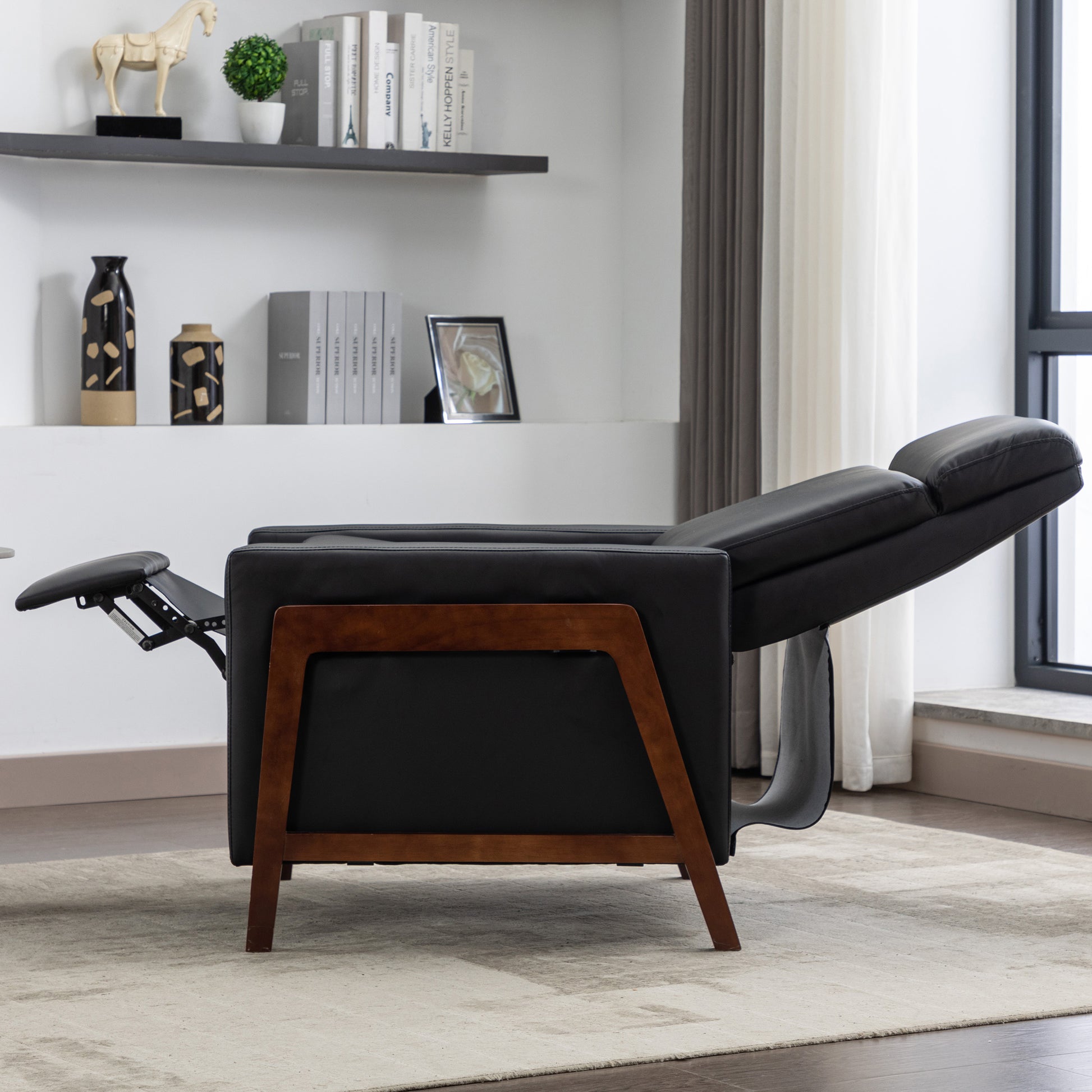Wood Framed Pu Leather Recliner Chair Adjustable Home Theater Seating With Thick Seat Cushion And Backrest Modern Living Room Recliners, Black Old Sku:Pp289527Aab Black Pu Pu