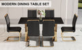 Table And Chair Set,Modern Rectangular Table With 0.4 Inch Black Patterned Tabletop And Gold Legs, Suitable For Kitchen, Dining Room, And Living Roomcomfortable Pu Seats,Perfect For Dinner, Meet Black Seats 6 Sintered Stone