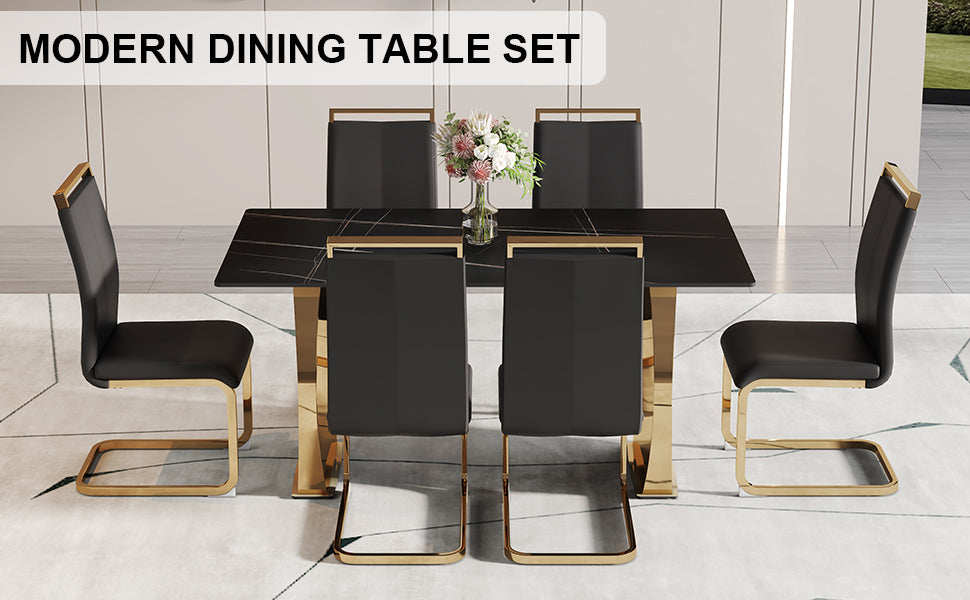 Table And Chair Set,Modern Rectangular Table With 0.4 Inch Black Patterned Tabletop And Gold Legs, Suitable For Kitchen, Dining Room, And Living Roomcomfortable Pu Seats,Perfect For Dinner, Meet Black Seats 6 Sintered Stone