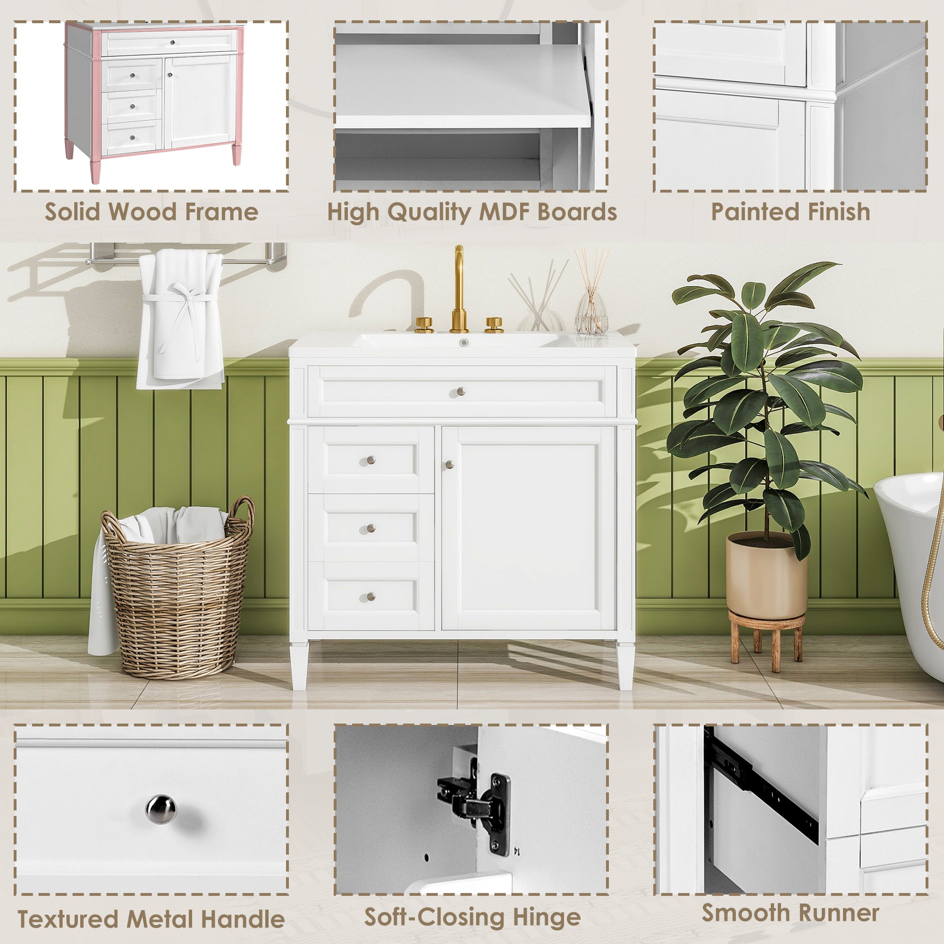 36'' Bathroom Vanity With Top Sink, Modern Bathroom Storage Cabinet With 2 Drawers And A Tip Out Drawer, Single Sink Bathroom Vanity White Bathroom Solid Wood Mdf Ceramic,Solid Wood Mdf