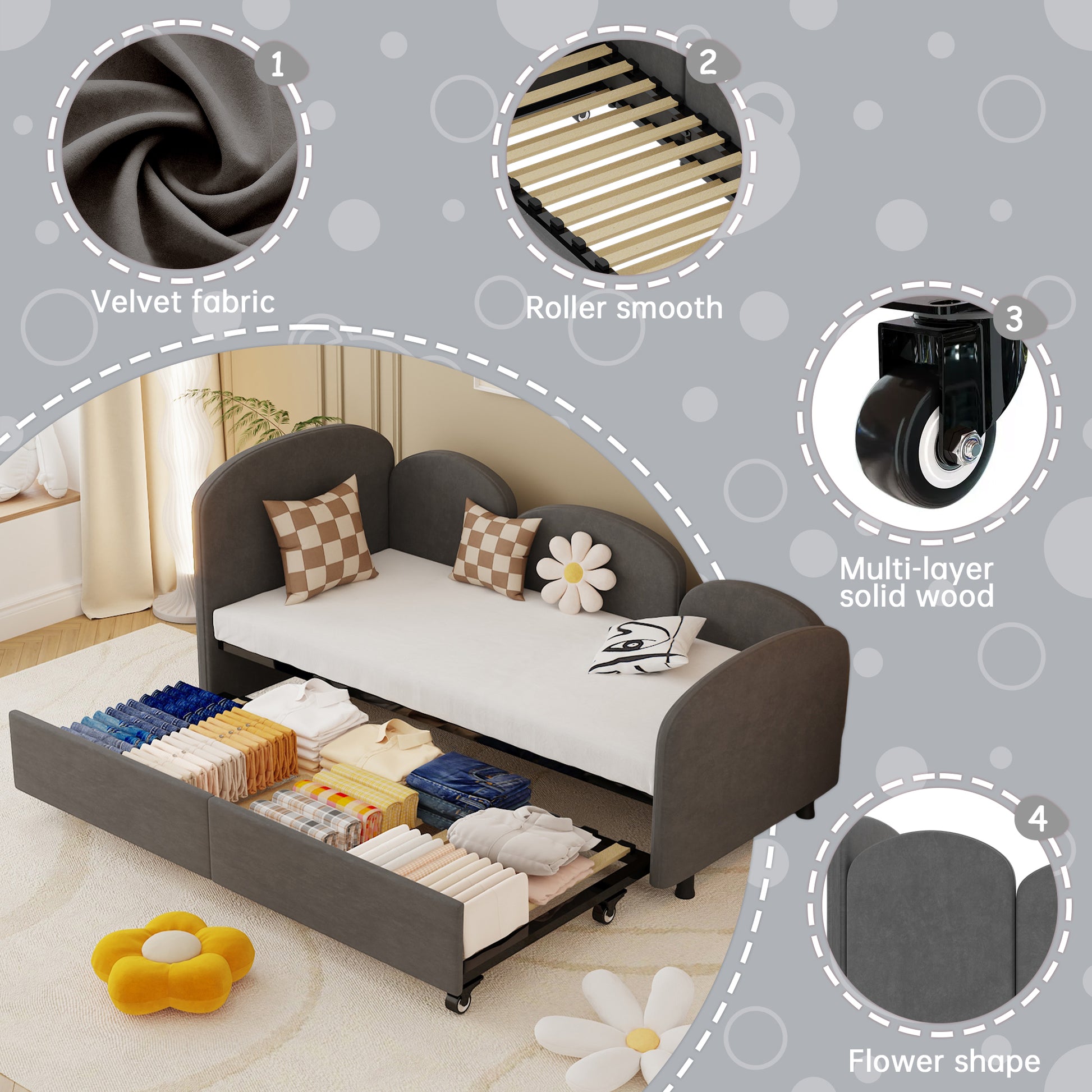 Twin Size Twin Size Bed Frames With An Another Bed Frame, Velvet Upholstered Daybed, Modern Sofa Bed Daybed Frame For Bedroom Living Room, Suitable For Living Room, Kids Room, Bedroom Ddry Gray Dark