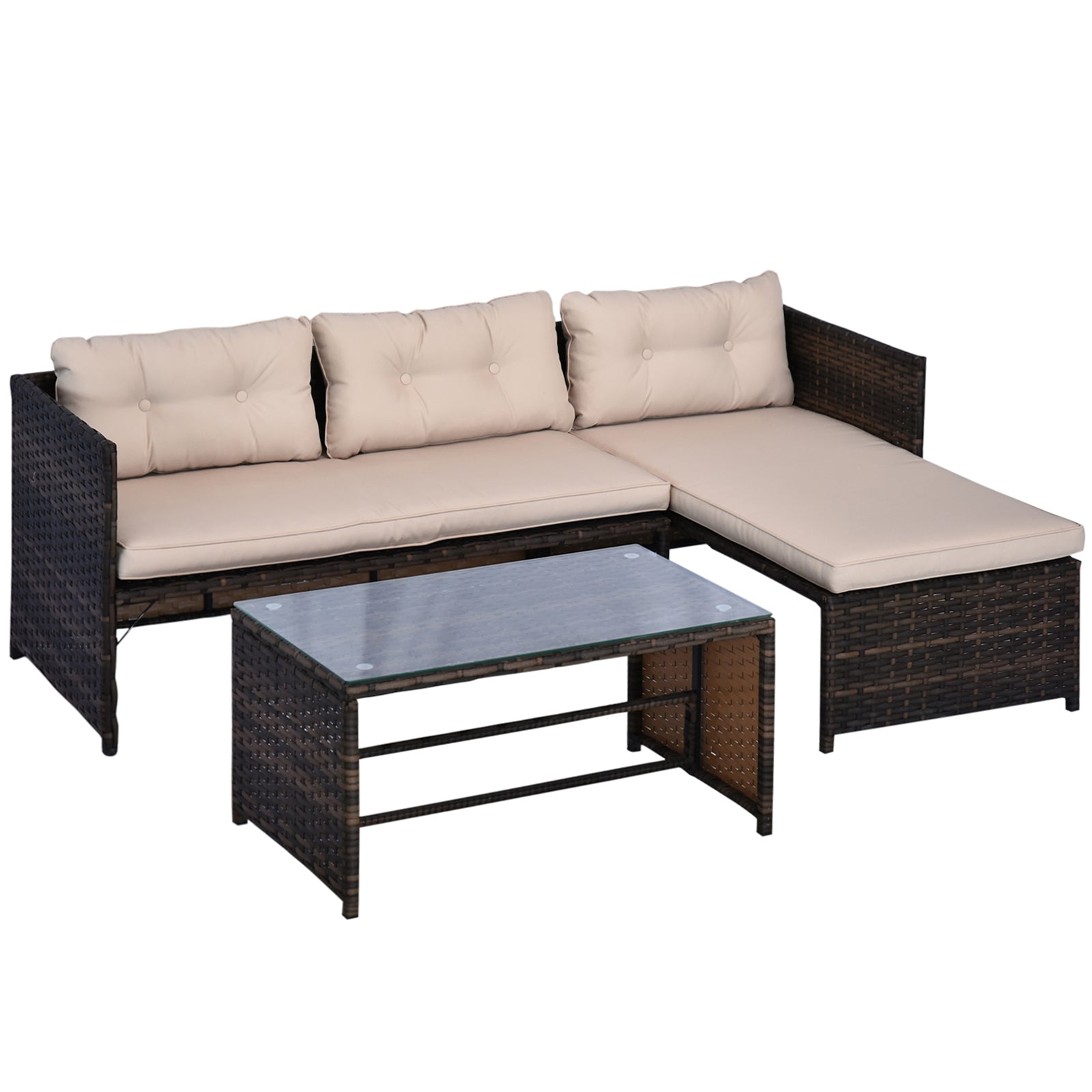 Outsunny 3 Piece Patio Furniture Set, Rattan Outdoor Sofa Set With Chaise Lounge & Loveseat, Soft Cushions, Tempered Glass Table, L Shaped Sectional Couch, Beige Beige Rattan Metal