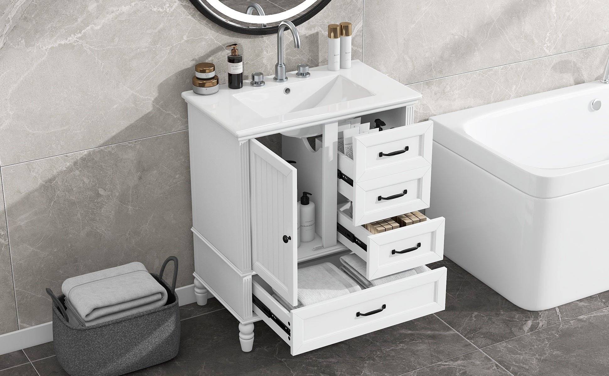 30" Bathroom Vanity With Sink, Bathroom Cabinet With A Door, Three Drawers, Solid Wood Legs & Mdf Board, Adiustable Foot Pads, White White Mdf
