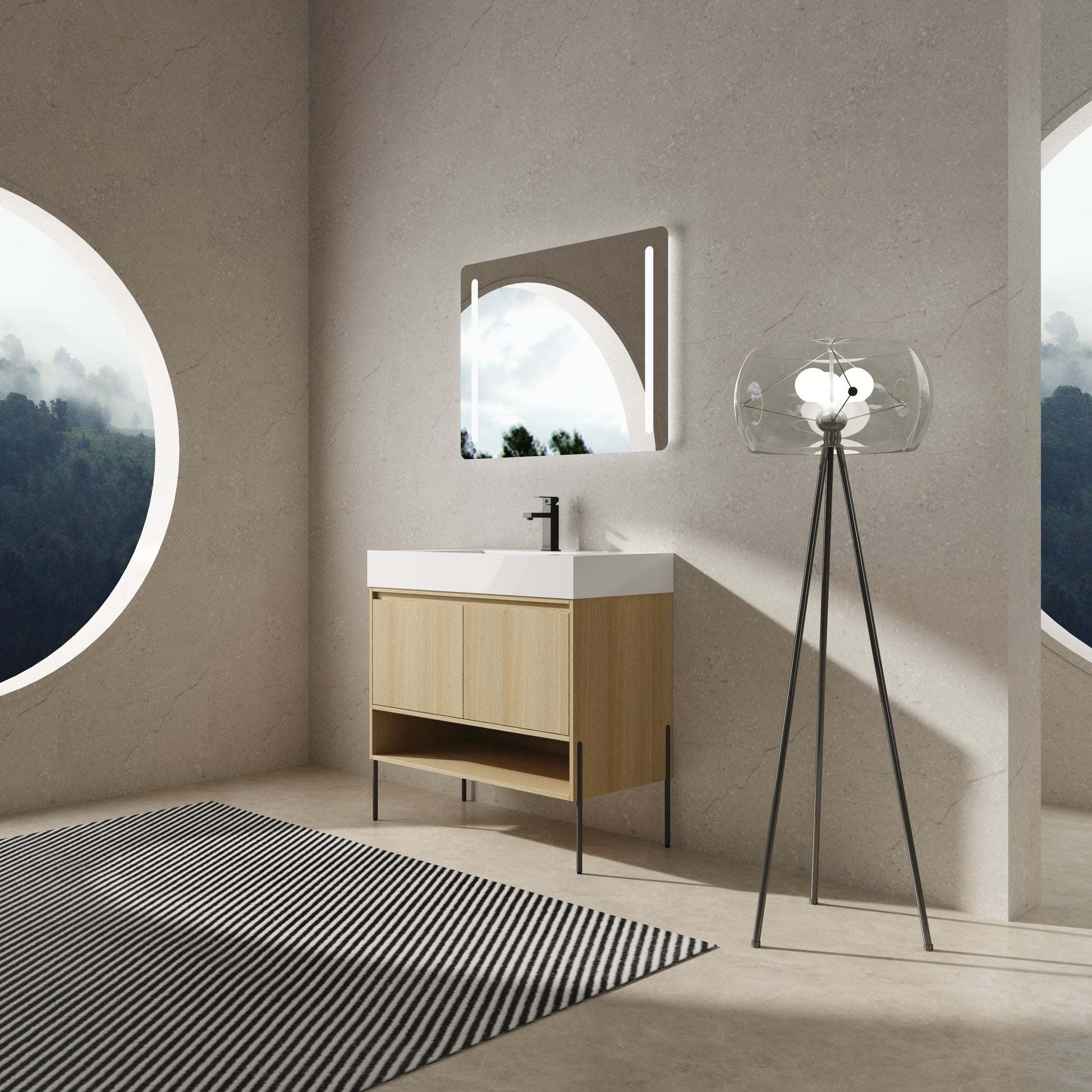 36" Bathroom Vanity Combo W Single Ceramic Sink, Modern Storage Cabinet Set 2 Door, Multilayer Solid Wood, Oak Oak Bathroom American Design Engineered Wood