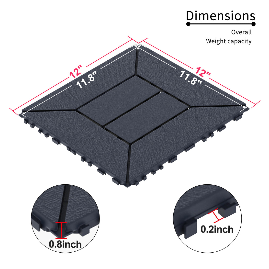 Style 12" Patio Deck Tiles, Diy Module Interlocking Decking Tiles Floor Tile,Easy And Quick Installation Court Tiles For Porch Poolside Balcony Backyard 44Pcs Dark Gray Grey Polypropylene