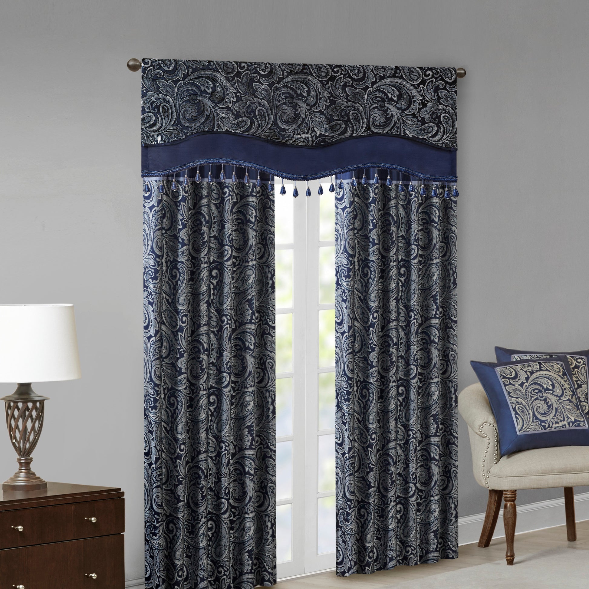 Jacquard Window Rod Pocket Valance With Beads Navy 50X18" Navy Polyester