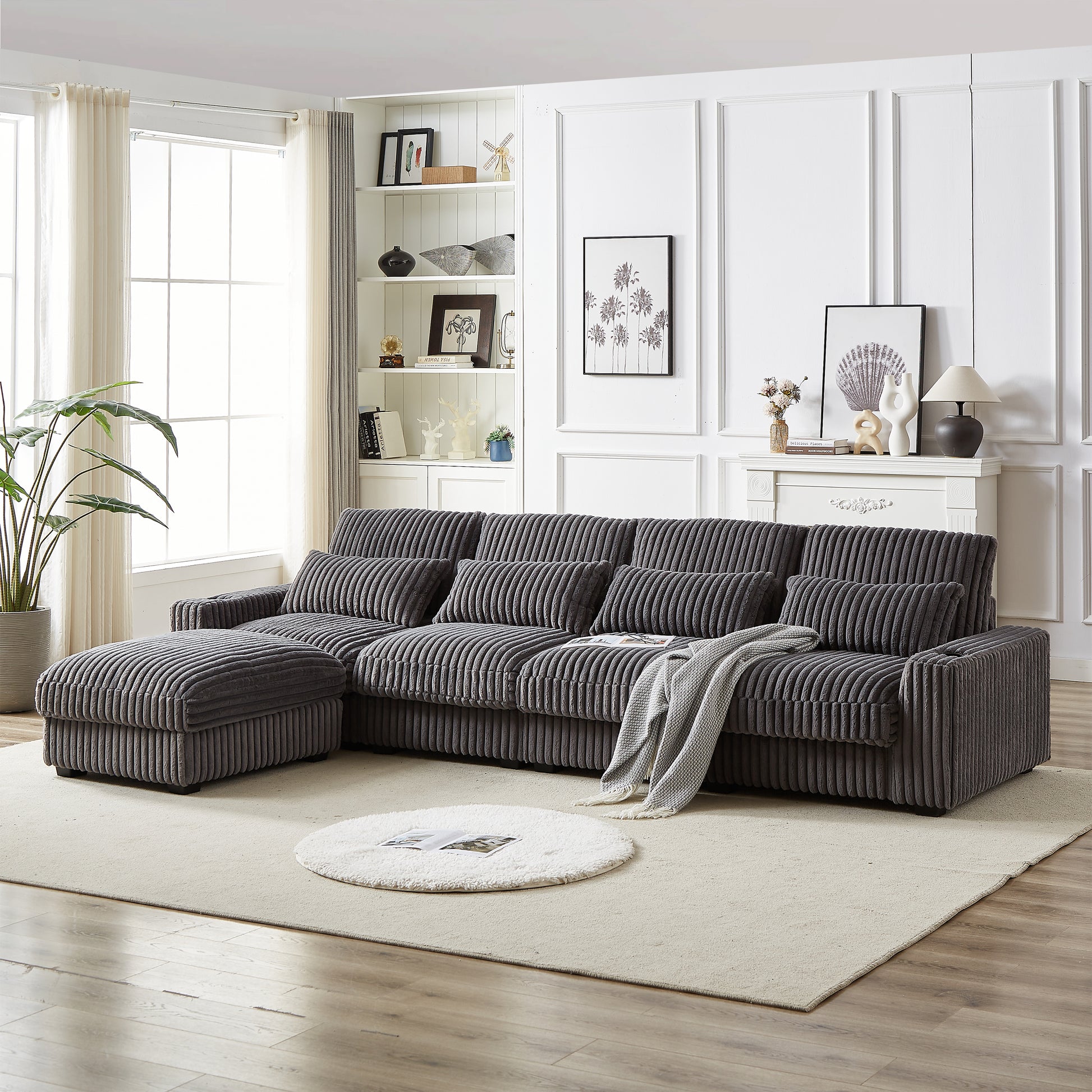 128 Inch Corduroy With Cup Holder Super Large L Shaped Sofa, Movable Footrest, Four Waist Pillows And Four Back Cushion, With Usb Port And T Pyce Port Grey Corduroy 4 Seat