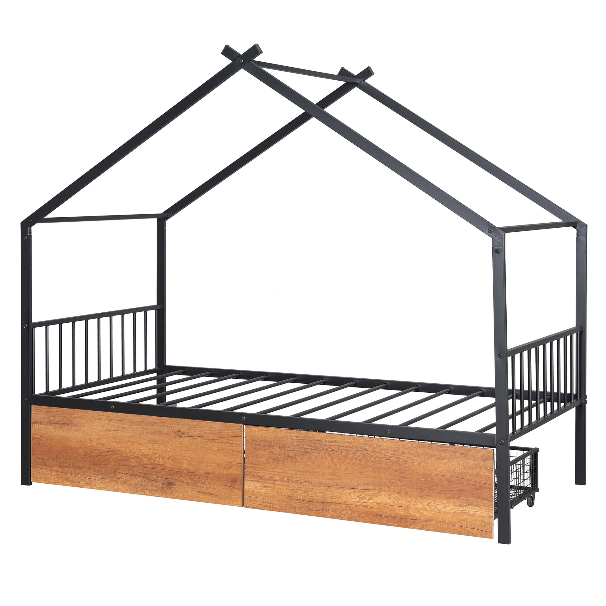 Twin Size Metal House Bed With Two Drawers, Black Twin Black Metal