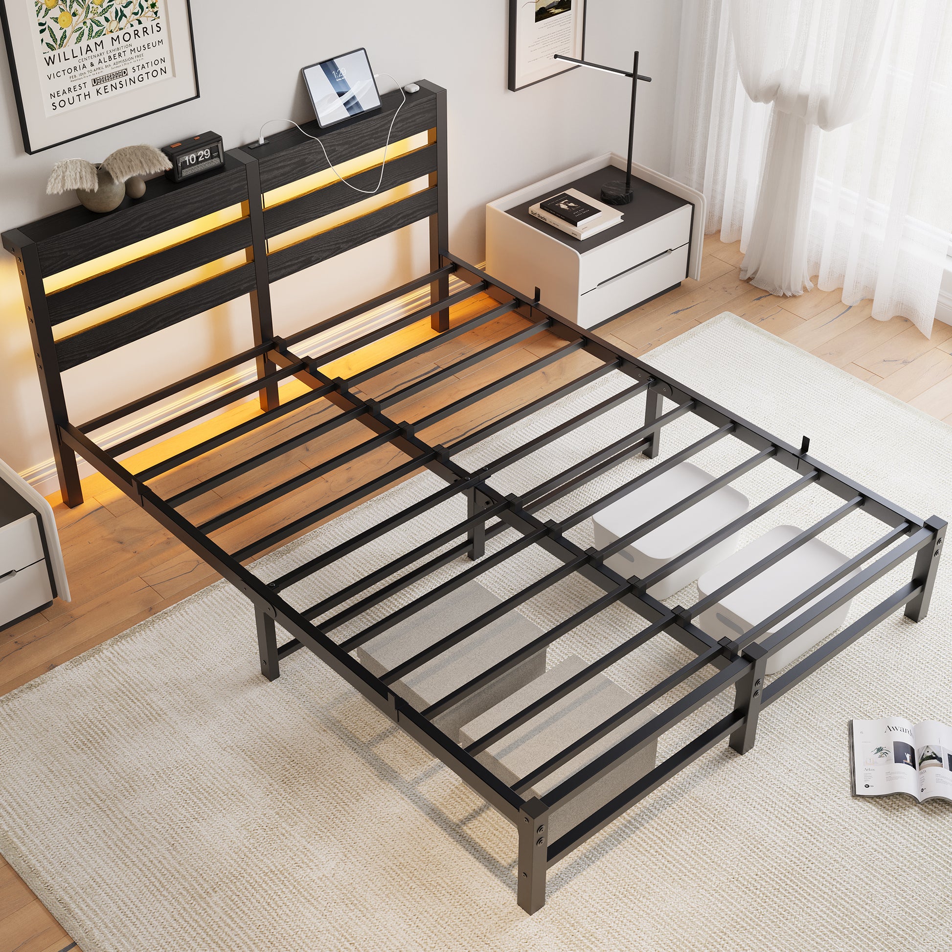 Queen Size Metal Bed Frame With Wooden Headboard, Rgb Lights, Charger, Storage Shelf, Noise Free, No Box Spring Needed, Black Box Spring Not Required Queen Black Metal Bedroom Bed Frame Metal & Wood