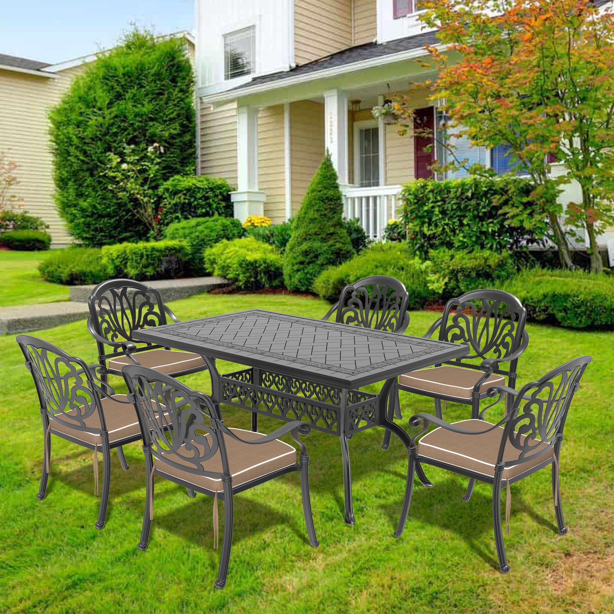 Cushions In Random Colors 7 Piece Set Of Cast Aluminum Patio Furniture With Cushions Yes Dining Set Black Seats 6 Rust Resistant Frame Water Resistant Cushion Garden & Outdoor Complete Patio Sets Aluminium