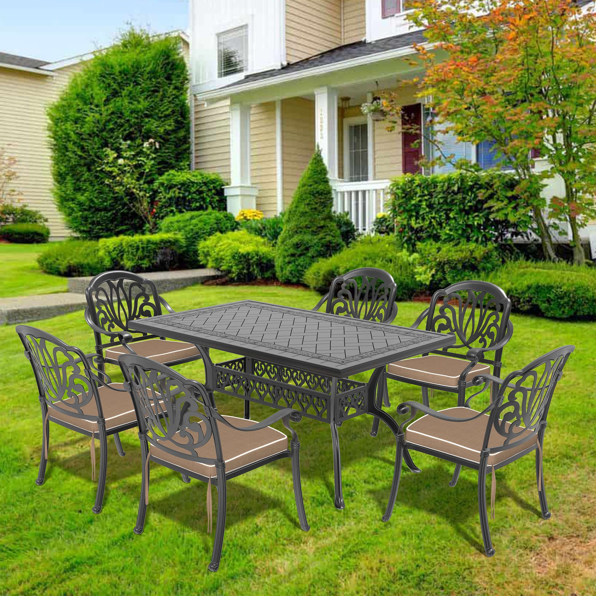 Cushions In Random Colors 7 Piece Set Of Cast Aluminum Patio Furniture With Cushions Yes Dining Set Black Seats 6 Rust Resistant Frame Water Resistant Cushion Garden & Outdoor Complete Patio Sets Aluminium