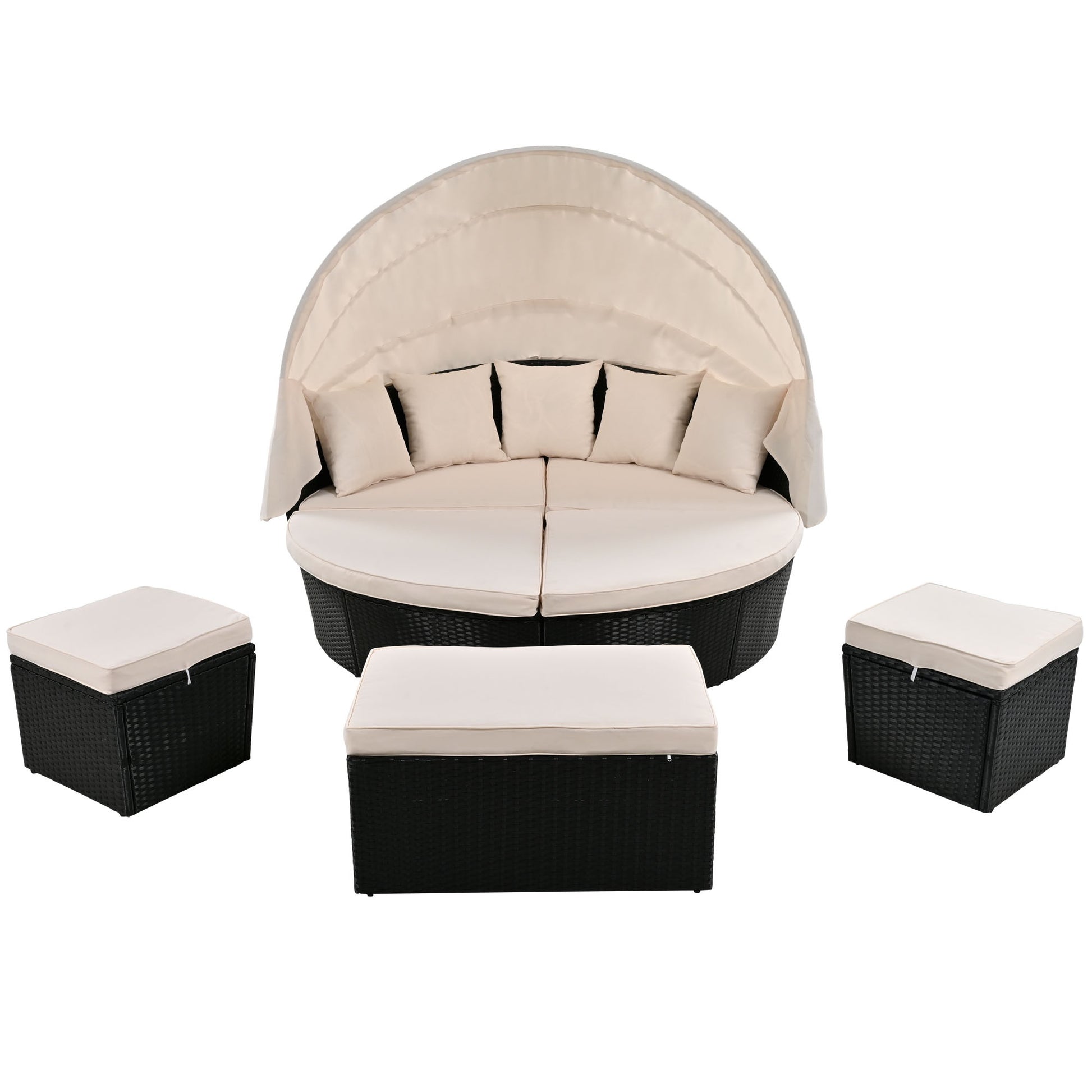 Outdoor Rattan Daybed Sunbed With Retractable Canopy Wicker Furniture, Round Outdoor Sectional Sofa Set, Black Wicker Furniture Clamshell Seating With Washable Cushions, Backyard, Porch, Beige Yes Beige Seats 8 Garden & Outdoor Foam Wicker