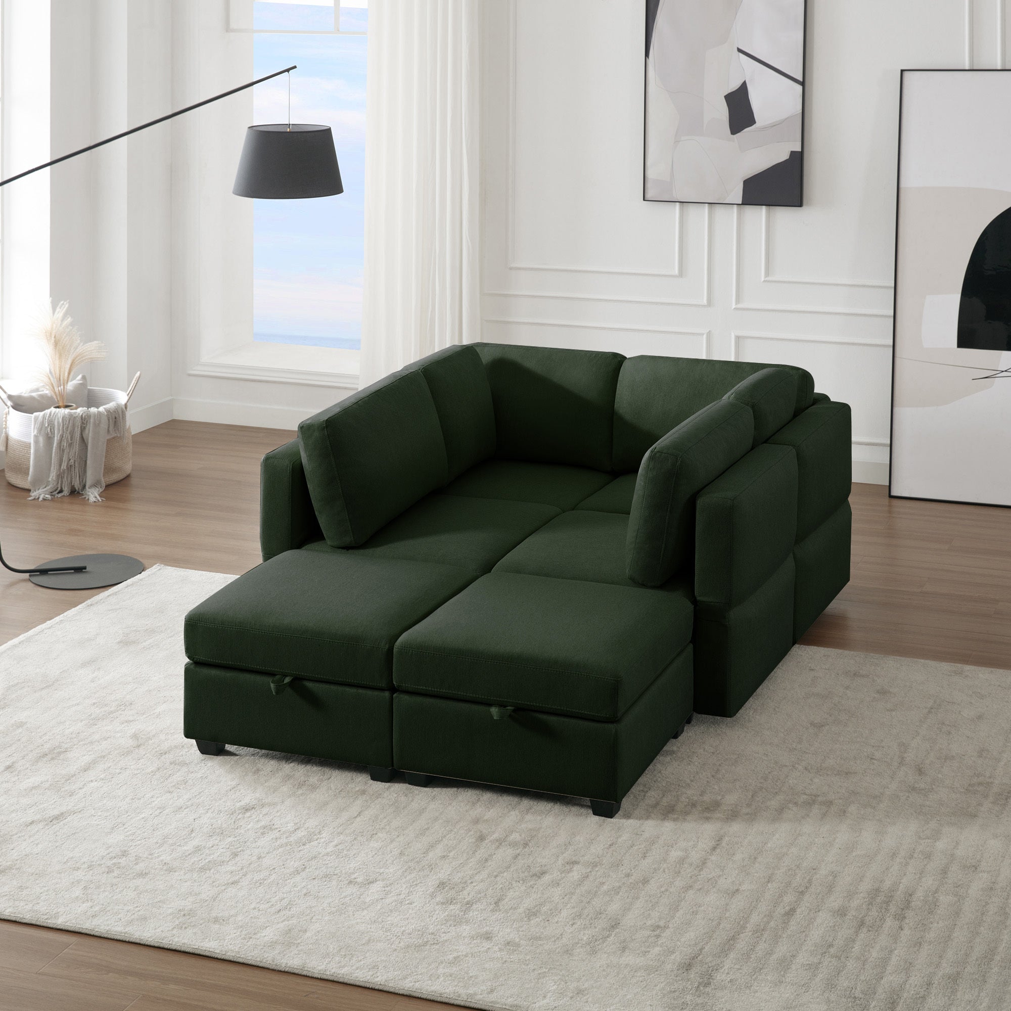 Oversized Modern 6 Seat Upholstered Sofa, Large Sectional Sofa With Storage Seats And Ottomanssofa Bed With Thick And Soft Cushions At All Sidesadjustable Arms And Backs Green Green Polyester 4 Seat