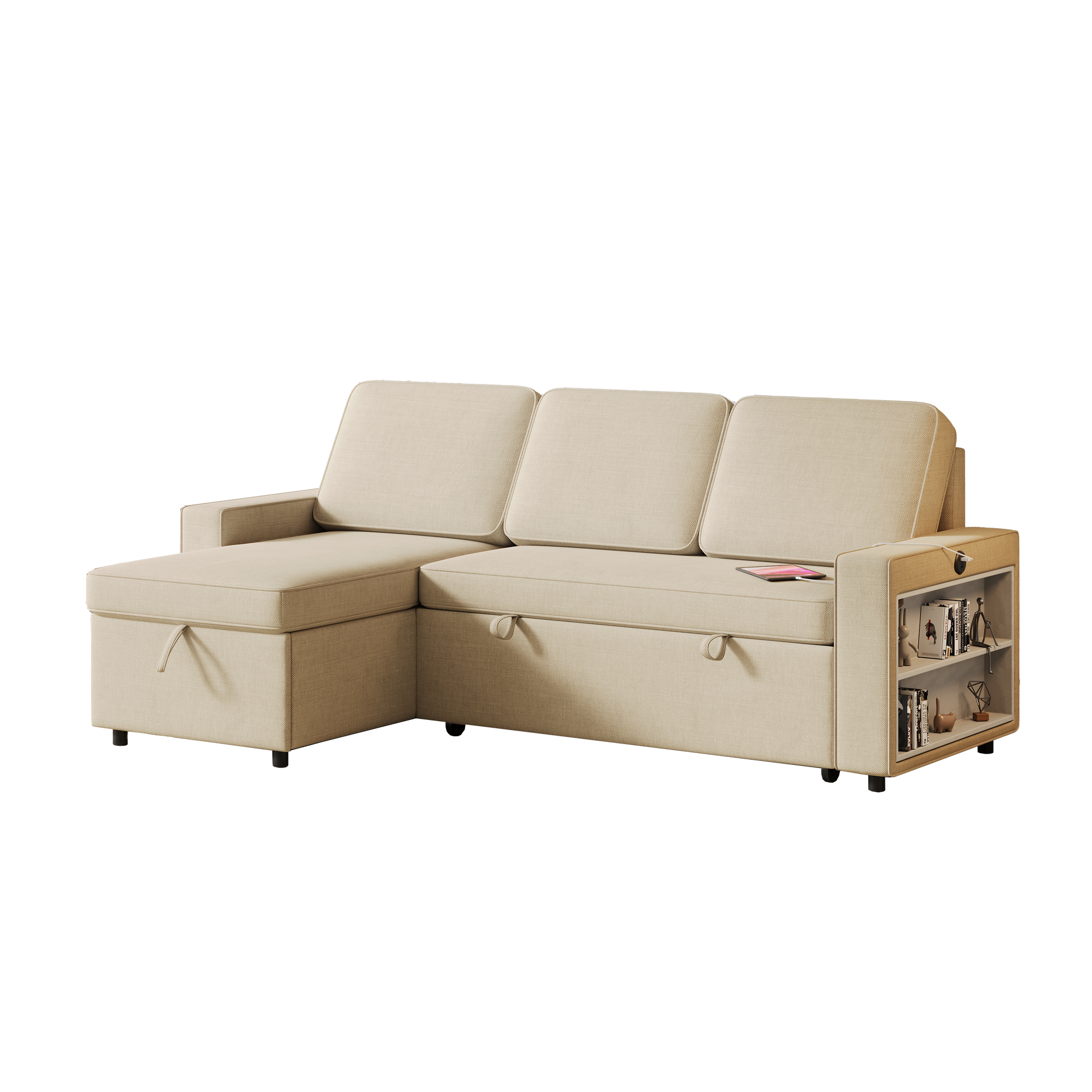 85.8" Pull Out Sleeper Sofa L Shaped Couch Convertible Sofa Bed With Storage Chaise And Storage Racks,With Usb Port And T Pyce Port Beige Fabric 3 Seat