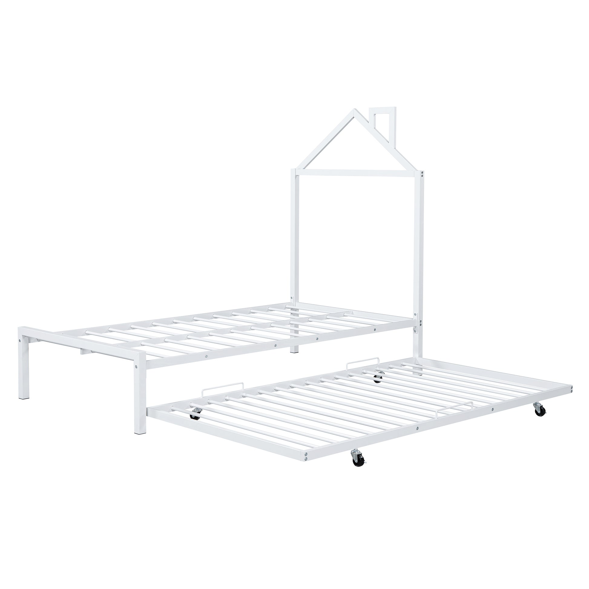 Twin Size Metal Platform Bed With Twin Size Trundle,House Shaped Headboard Design, White Twin White Metal