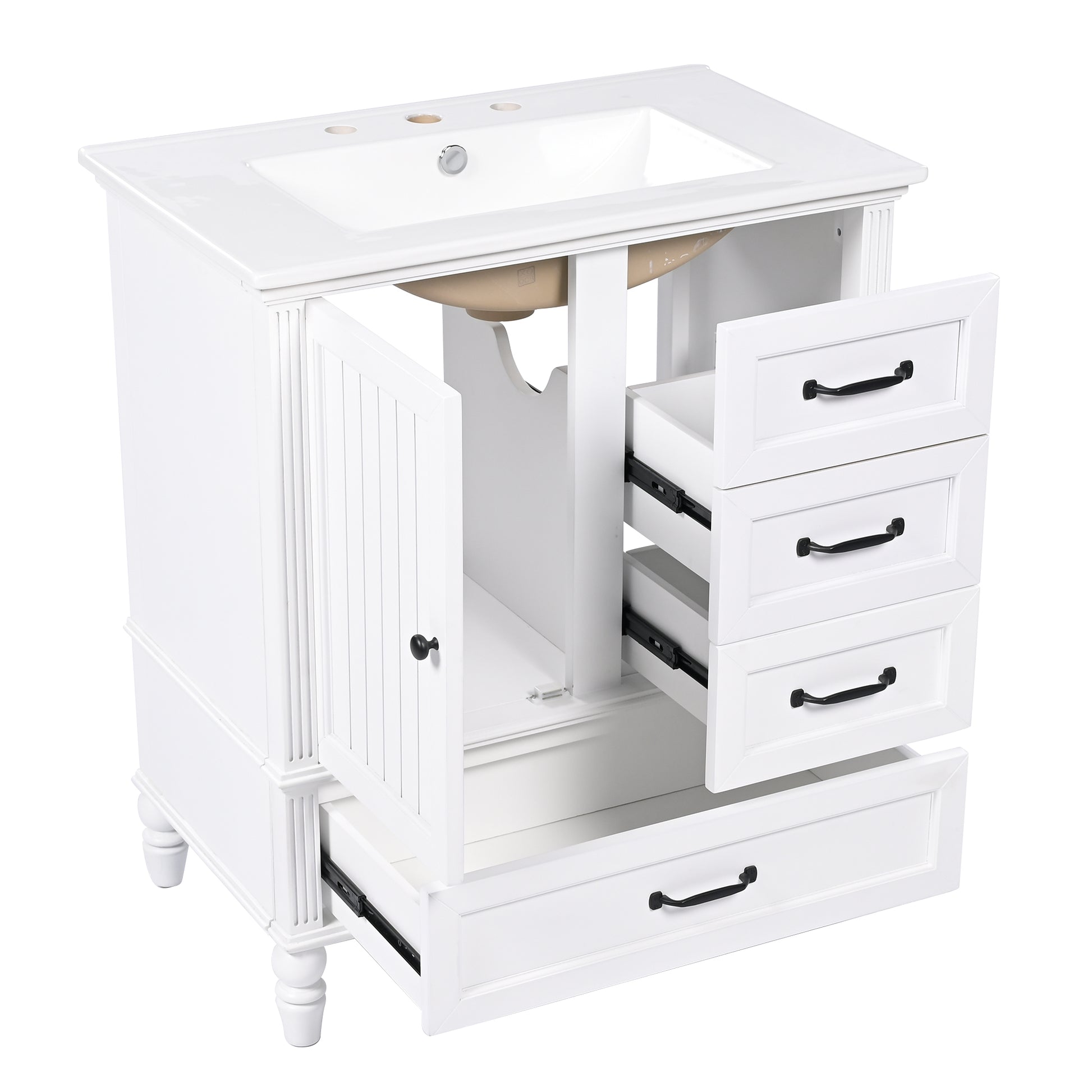 30" Bathroom Vanity With Sink, Bathroom Cabinet With A Door, Three Drawers, Solid Wood Legs & Mdf Board, Adiustable Foot Pads, White White Mdf