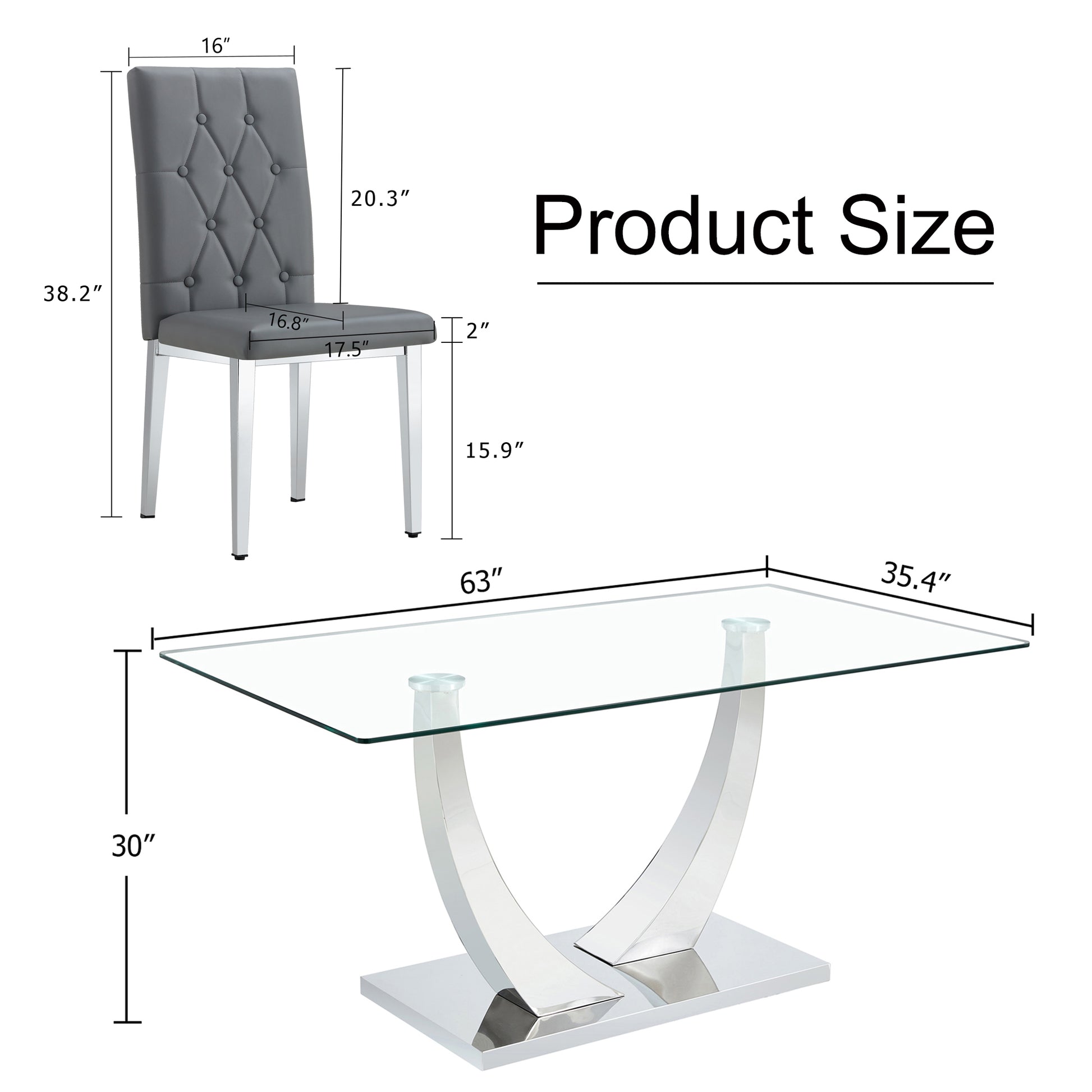 Table And Chair Set, Modern Dining Table, Tempered Glass Tabletop And Silver Colored Leg Table, Soft And Comfortable Dining Chair, Perfect For Dinner, Meetings, Home And Office Decor Gray Seats 4 Glass