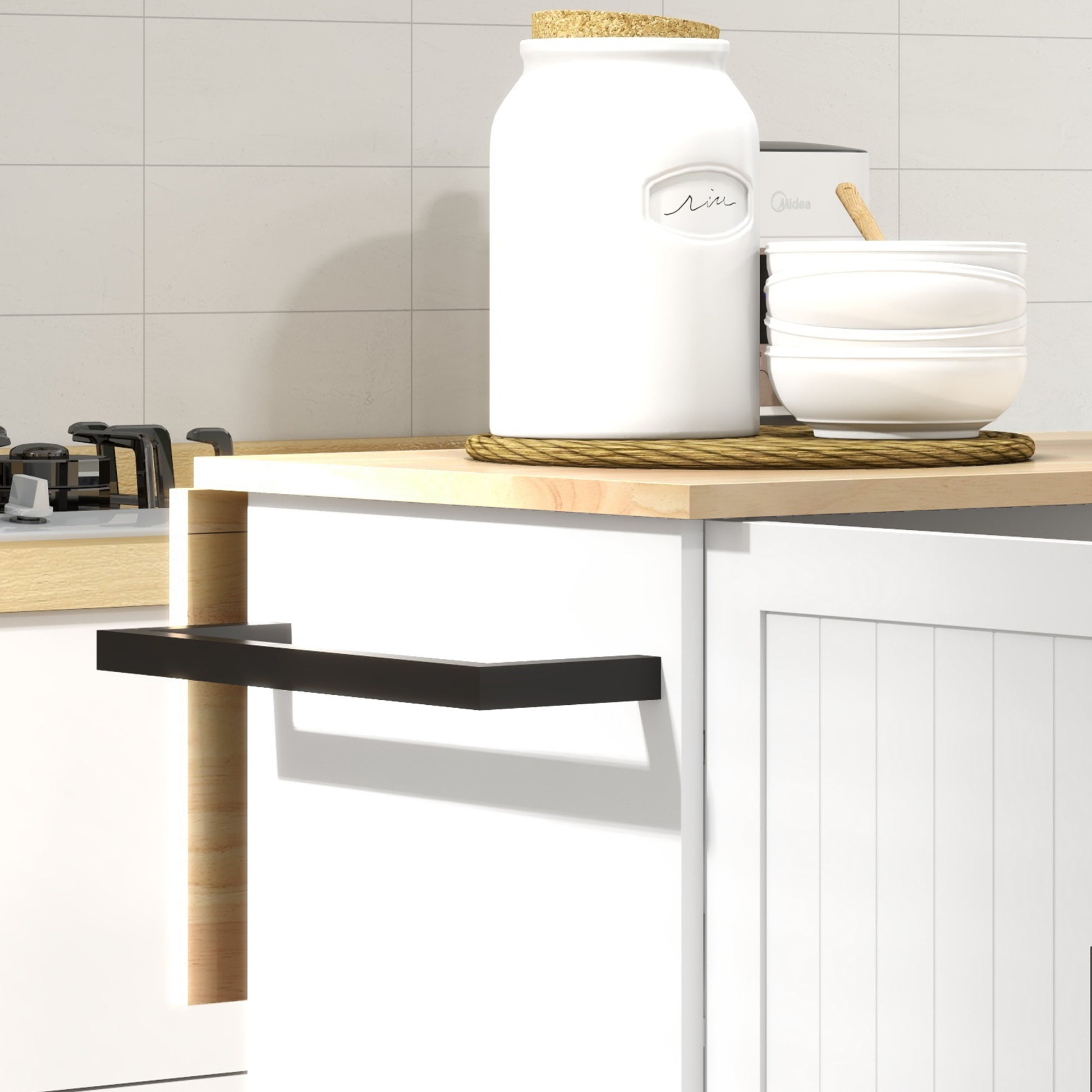 Homcom Kitchen Island With Drop Leaf, Rolling Kitchen Cart On Wheels With 3 Drawers, 2 Cabinets, Natural Wood Top, Spice Rack And Towel Rack, White White Rubber Wood