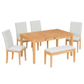 Farmhouse 6 Piece Dining Table Set With Storage Table, Kitchen Table Set With Drawer, Storable Bench And Upholstered Dining Chairs, Natural Beige Wood Dining Room Bench Seating Acacia Rectangular Dining Table With Chair And Bench Upholstered Chair Wood