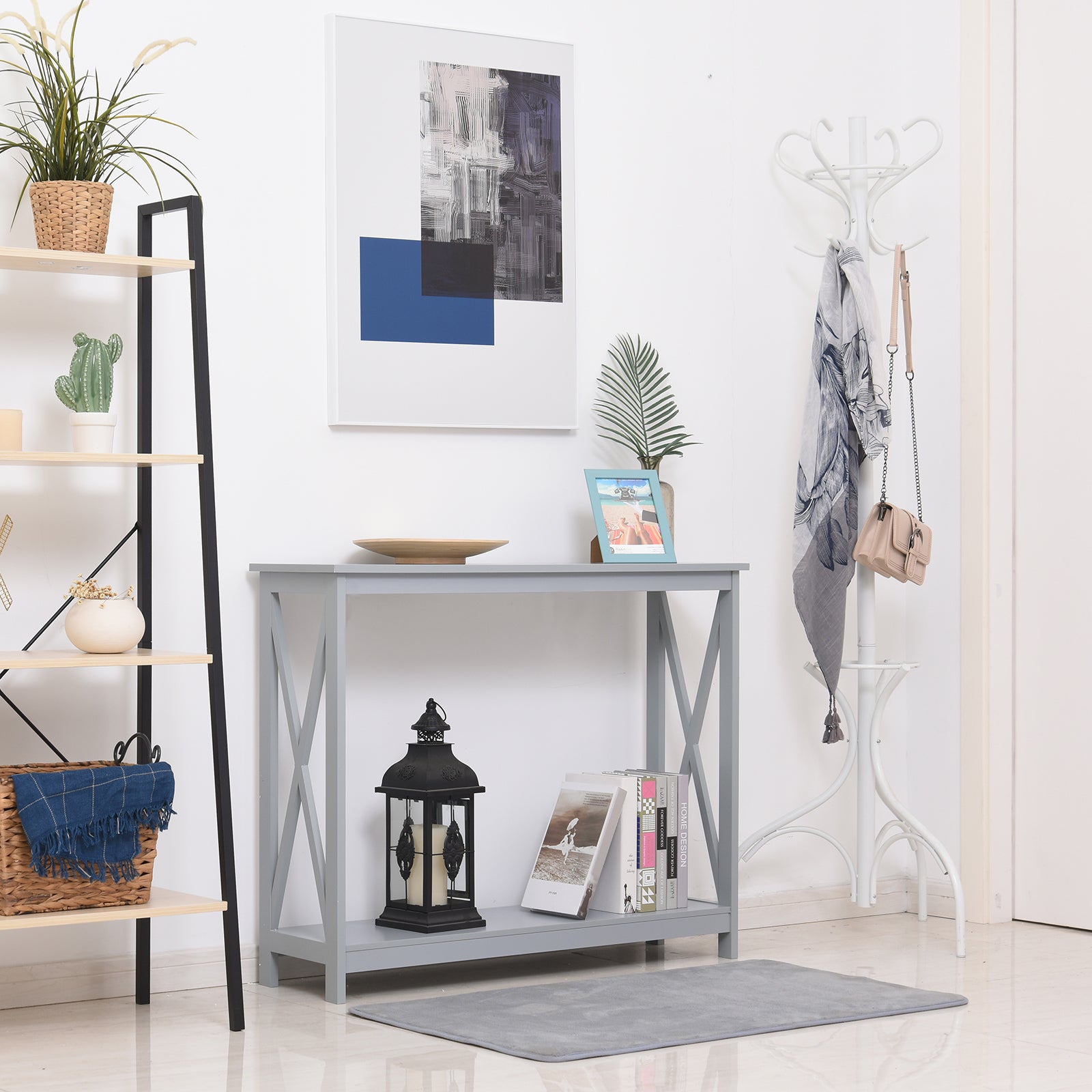 Homcom 2 Tier Console Table, Sofa Side Table With Storage Shelf, X Design For Entryway, Living Room, And Hallway, Grey Grey Mdf