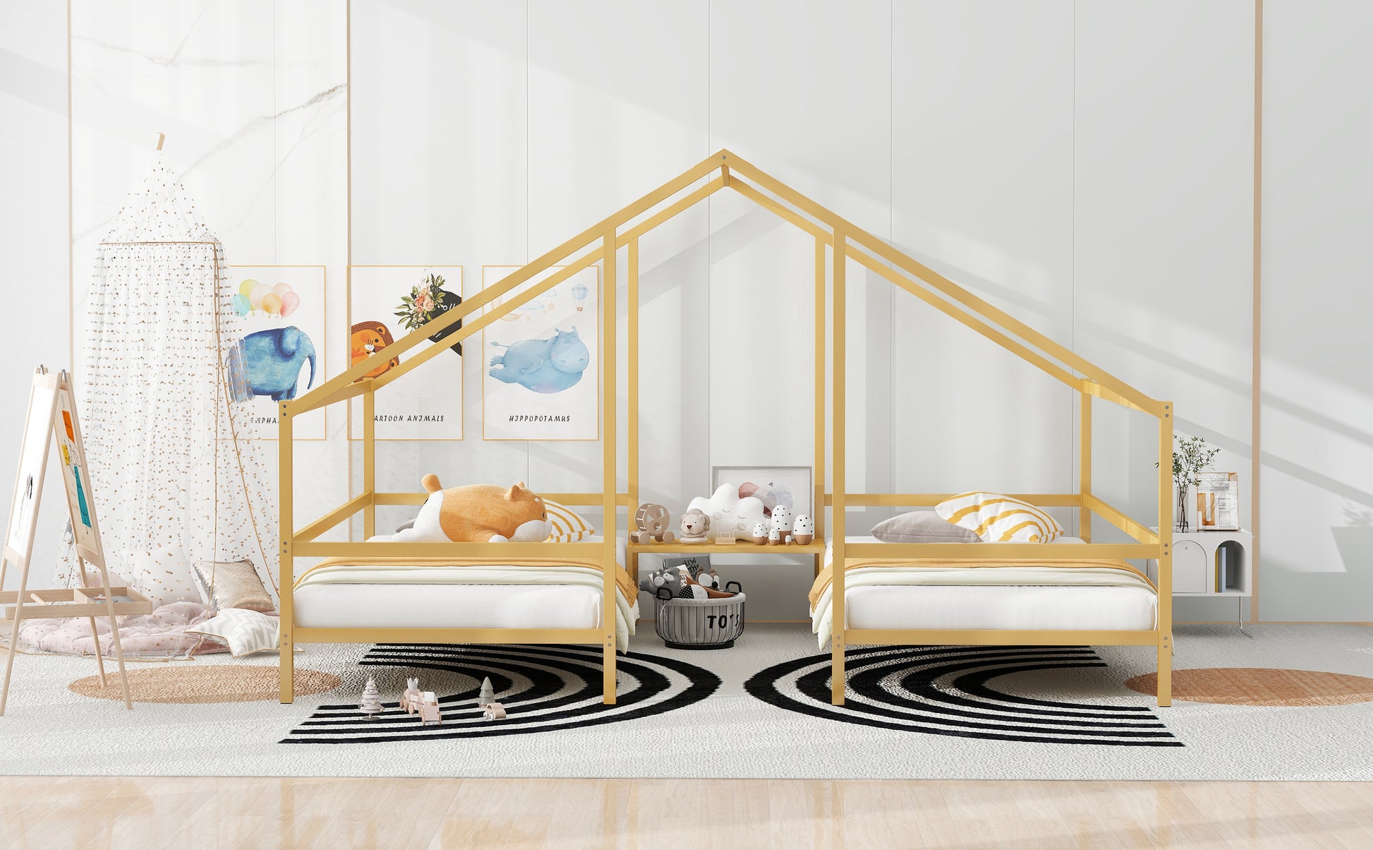 Metal Double Twin Size Triangular House Beds With Built In Table, Gold Box Spring Not Required Twin Gold Metal Metal