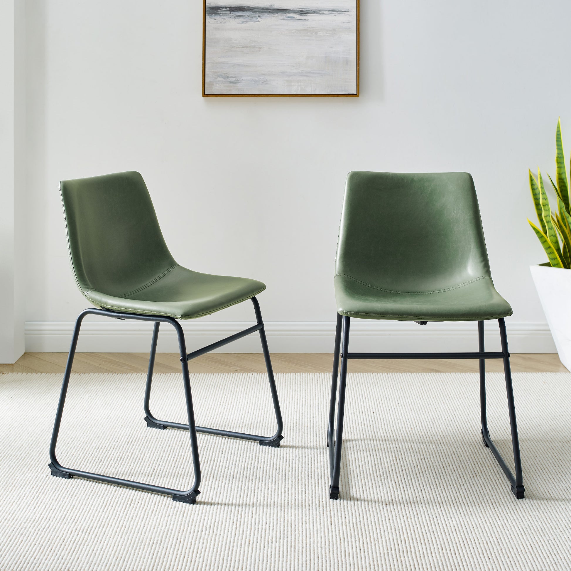 Contemporary Faux Leather Metal Leg Dining Chairs, Set Of 2 Green Green Polyester Pu Leather