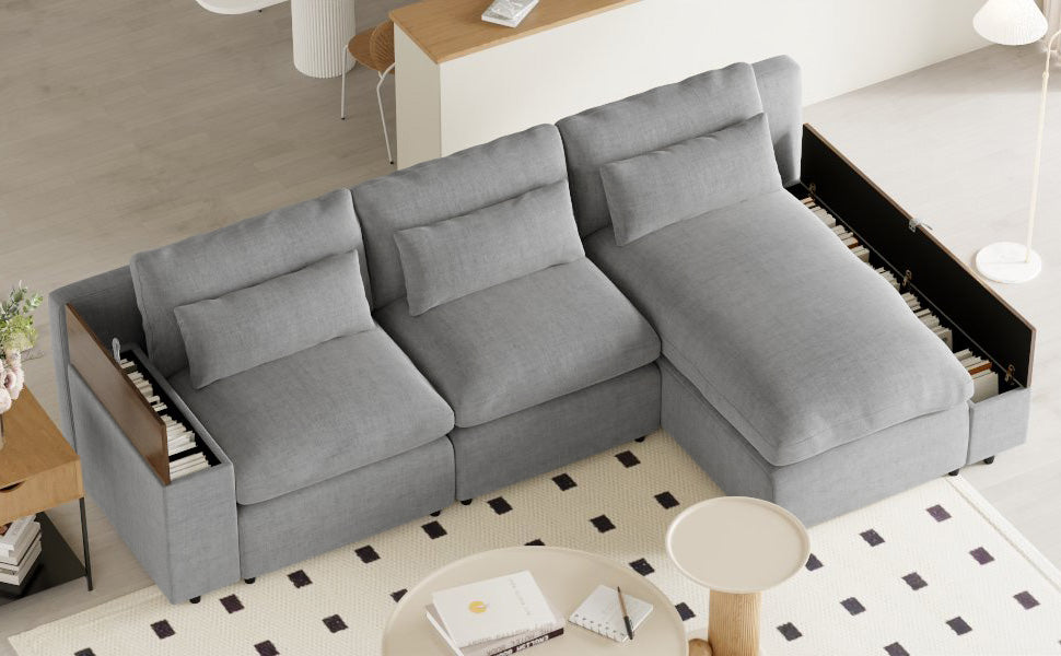 L Shaped Modular Sectional Sofa With Removable Back Cushions,3 Pillows And 2 Storage Spaces,Suitable For Living Rooms,Offices And Apartments Gray Polyester 3 Seat
