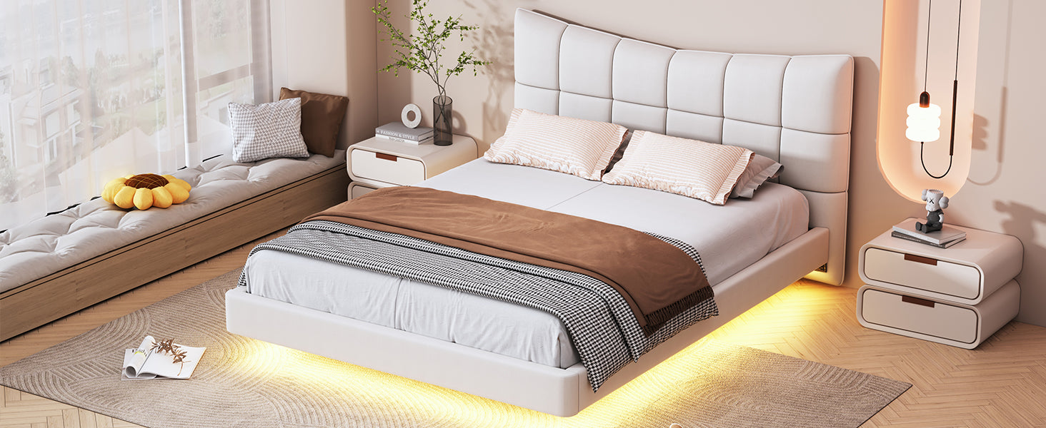 Full Size Upholstered Platform Bed With Led Lights,Usb Ports And Outlets,Linen Fabric,Beige Full Beige Wood Metal