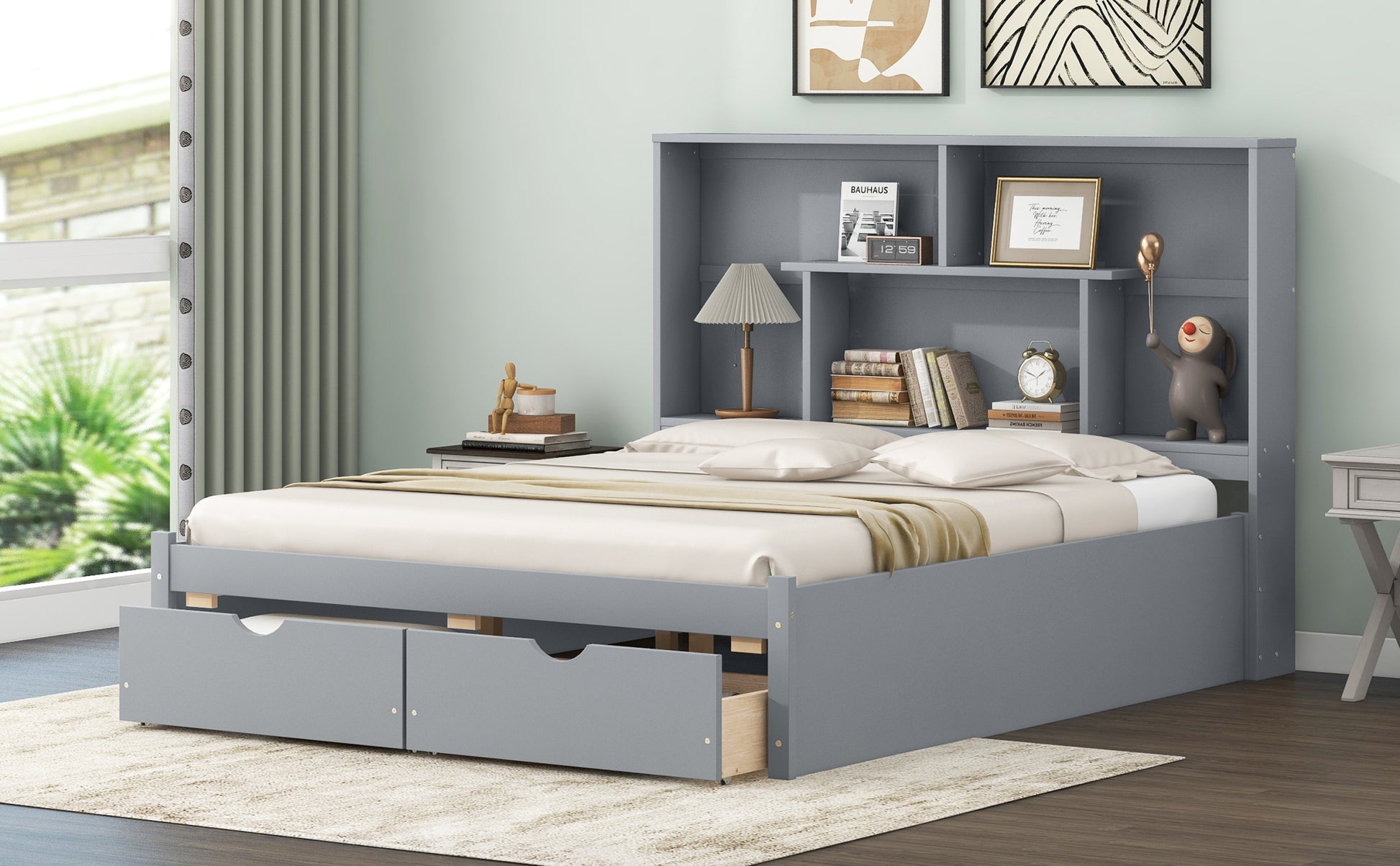 Queen Size Platform Bed With Storage Headboard And 2 Drawers, Gray Box Spring Not Required Queen Gray Wood Bedroom Bed Frame Solid Wood Mdf