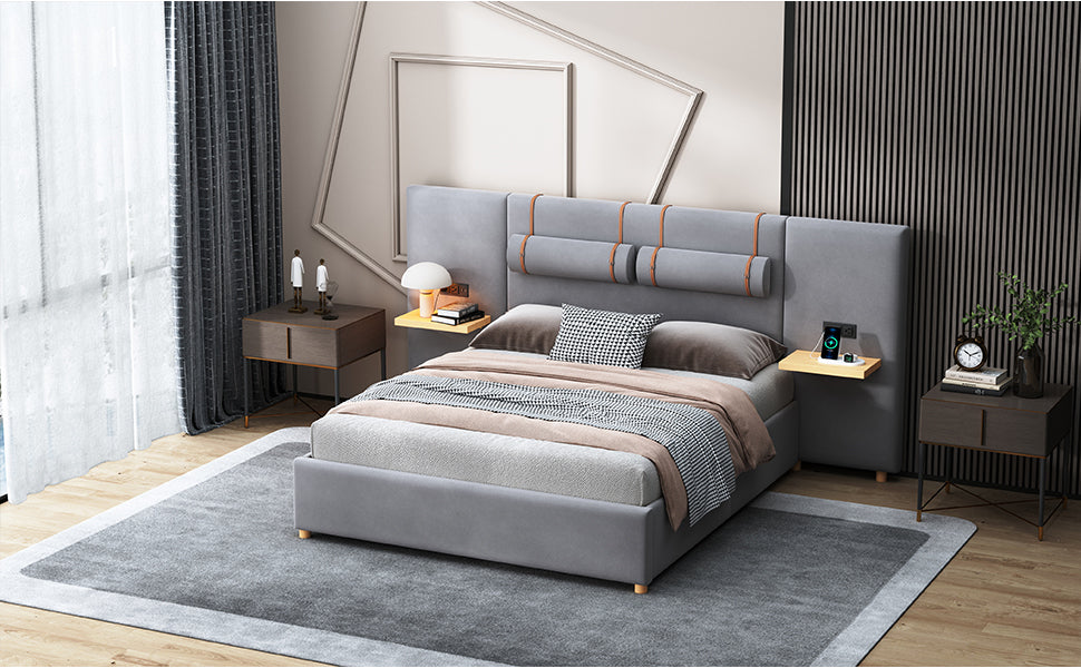 Queen Upholstered Platform Bed, Two Outlets And Usb Charging Ports On Both Sides, Two Bedside Pillows, Storage Shelves, Velvet,Gray Queen Gray Mdf Lvl