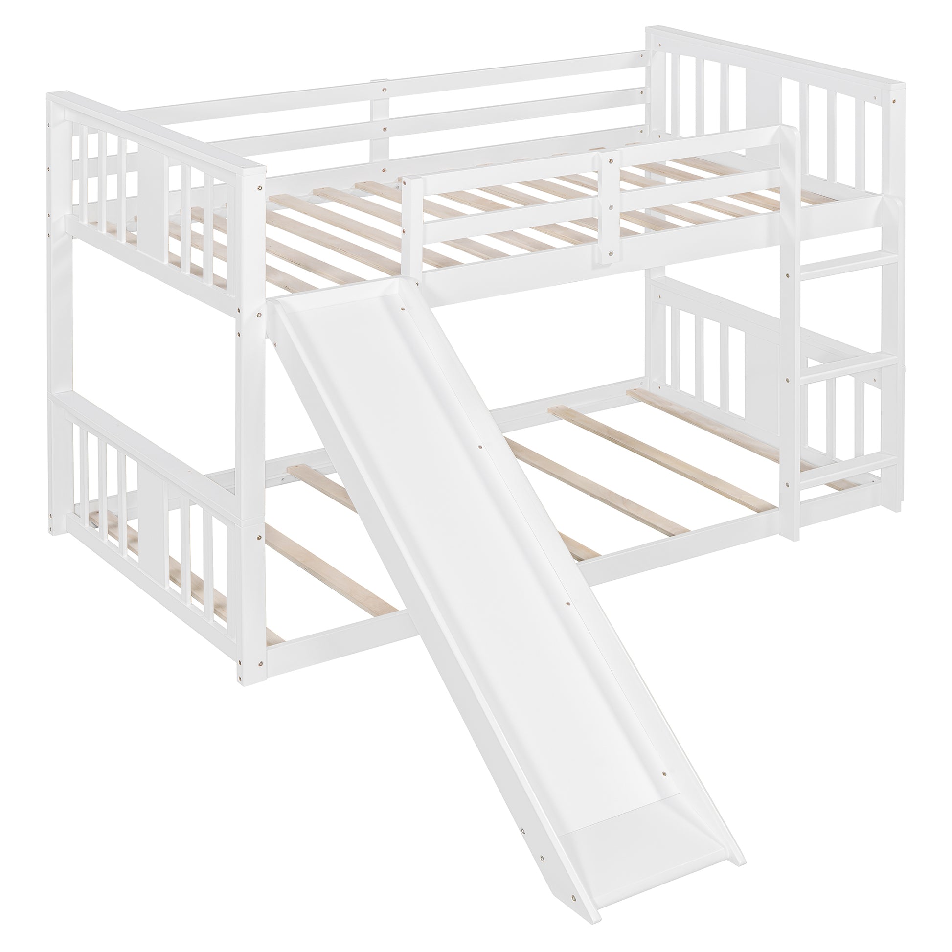 Twin Over Twin Bunk Bed With Slide And Ladder, White Old Sku:Lt000108Aak Twin White Plywood