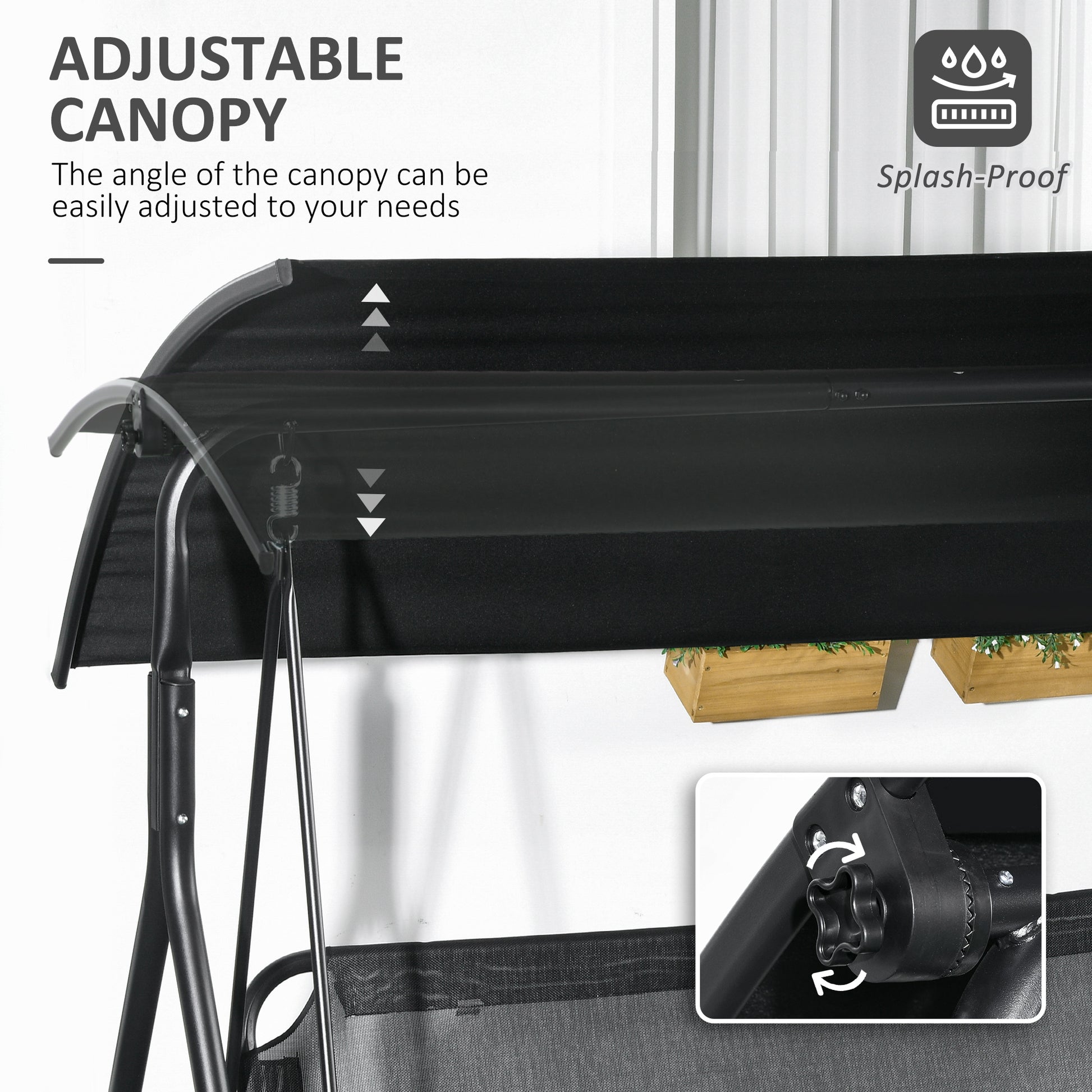 Outsunny 3 Seat Outdoor Patio Swing Chair With Removable Cushion, Steel Frame Stand And Adjustable Tilt Canopy For Patio, Garden, Poolside, Balcony, Backyard, Black 1 Black Steel